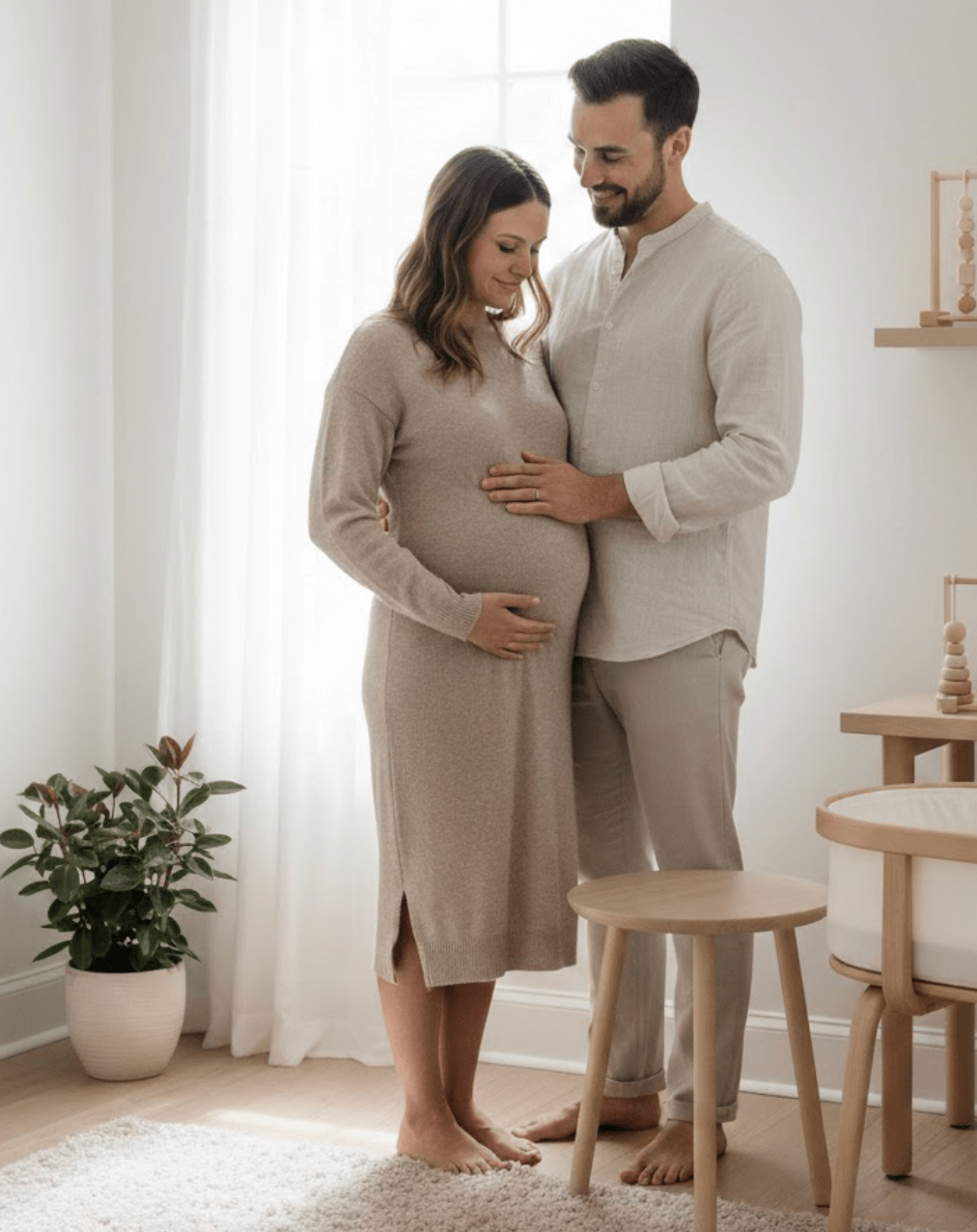 A happy expectant mother in a beige dress stands barefoot with her partner, who gently touches her baby bump in a nursery, illustrating Babysense's commitment to families with a baby monitor that connects to phone without wifi