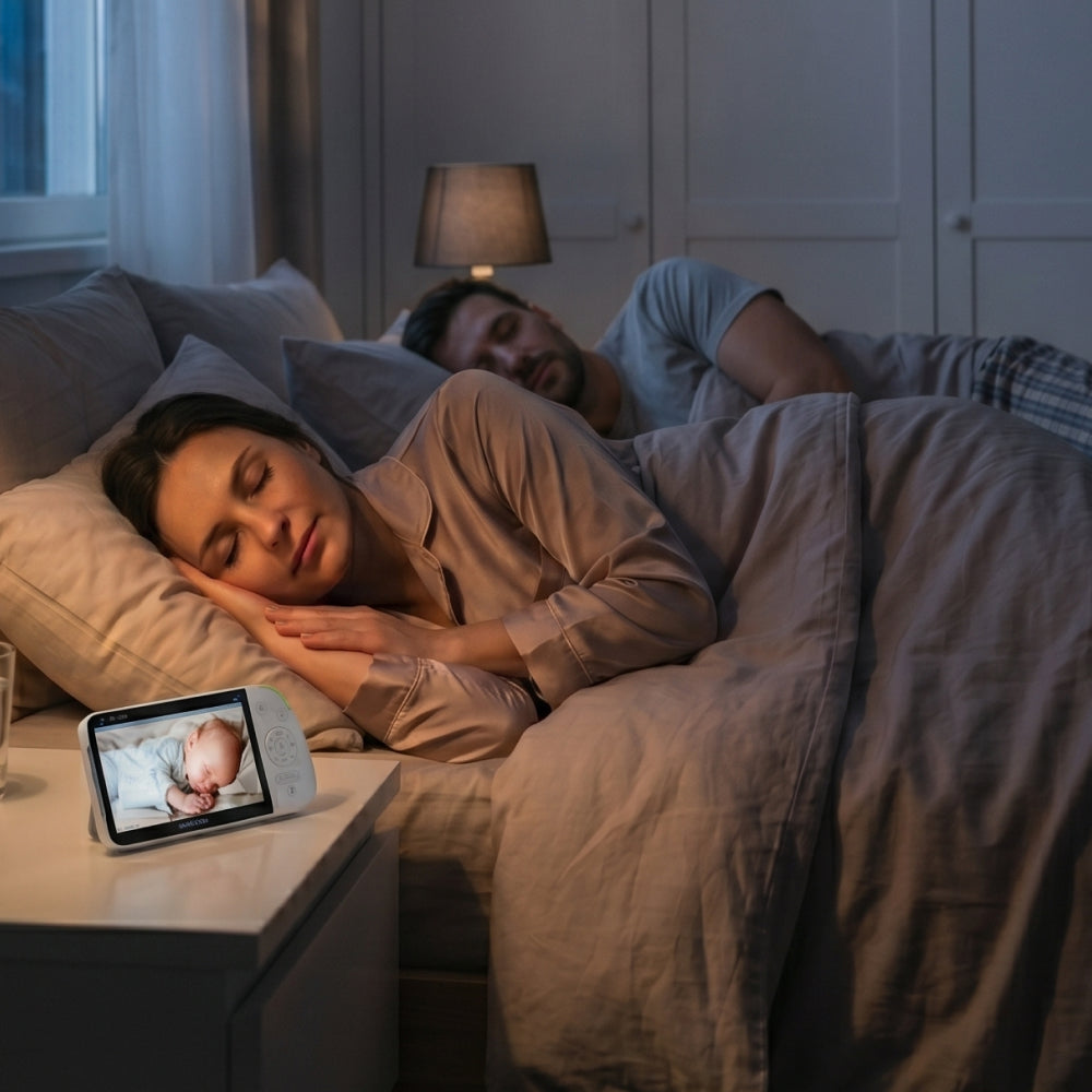 Woman lying in bed with a man, looking at a tablet showing a baby, in a dimly lit bedroom.