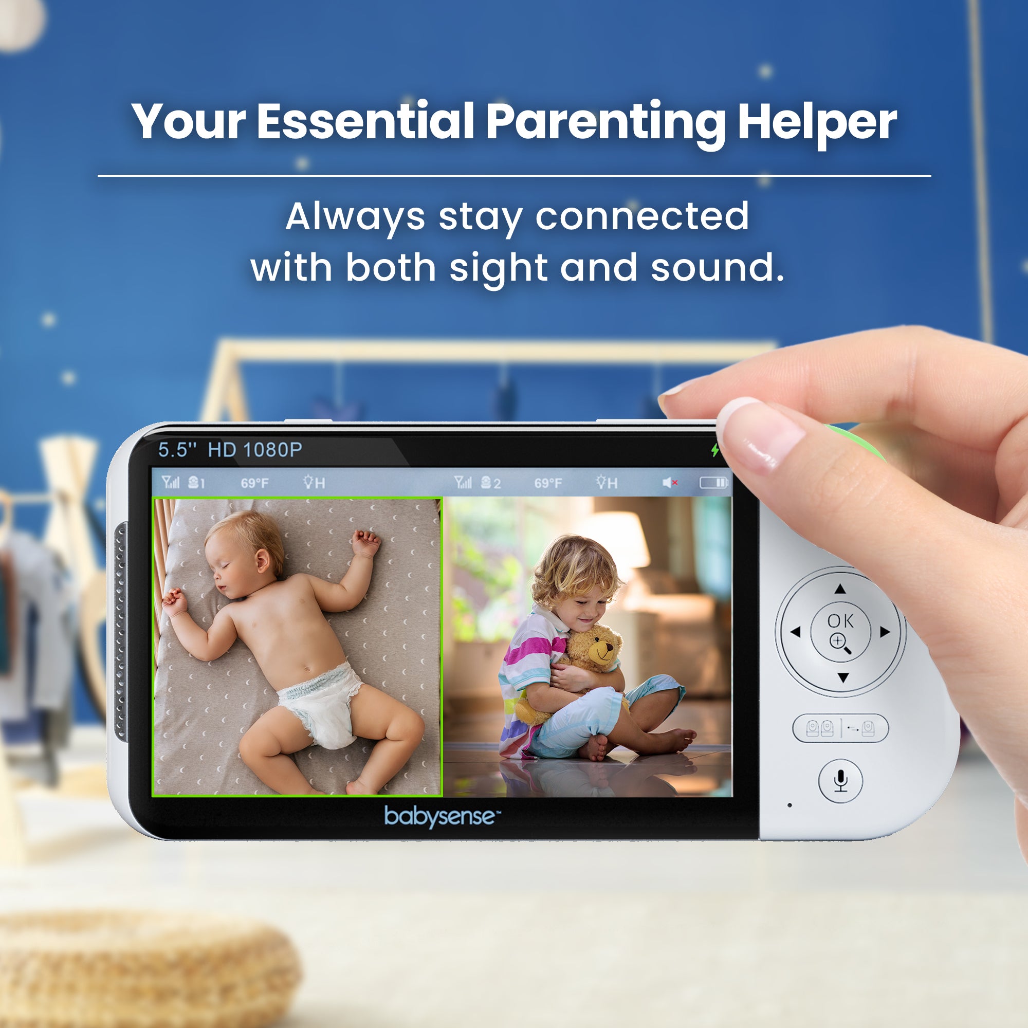 Babysense MaxView PRO: Video Baby Monitor with 2 Cameras, Non Wifi, Split Screen, Night Light & Sound Machine