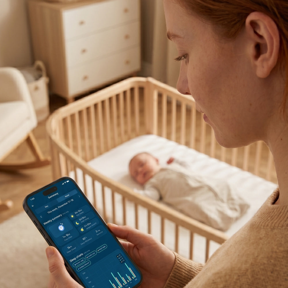 Woman using a smartphone app in a nursery with a baby in a crib.
