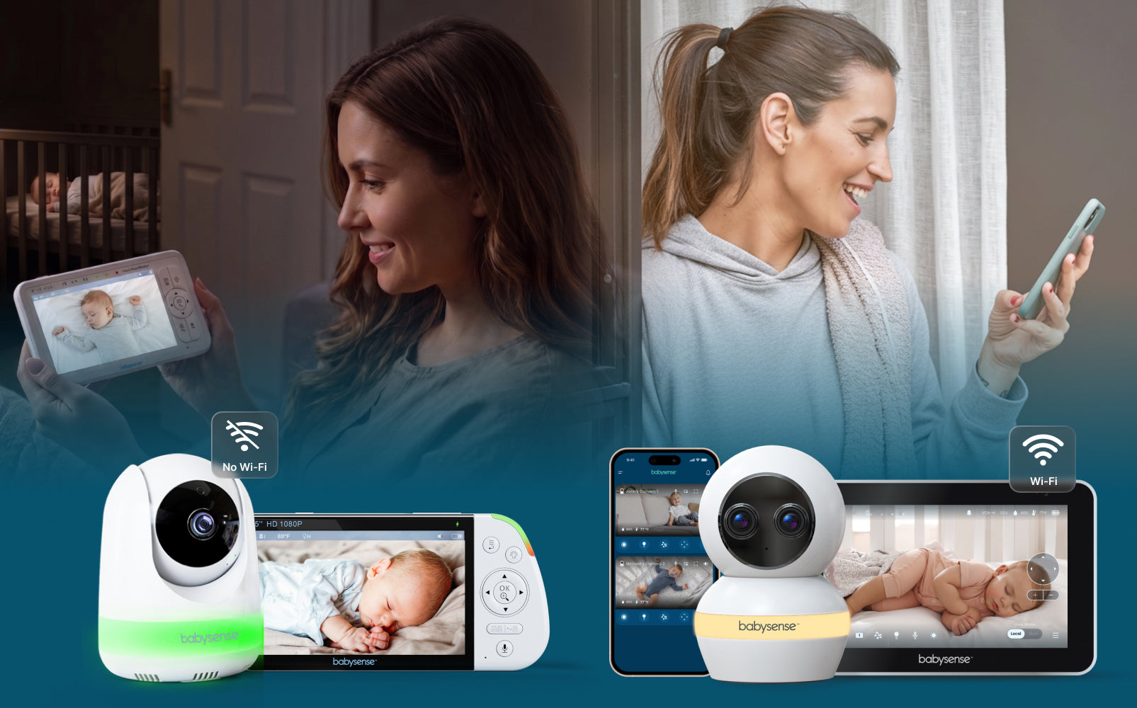 Baby monitor with smartphone app interface, showing a baby and a woman using the device.