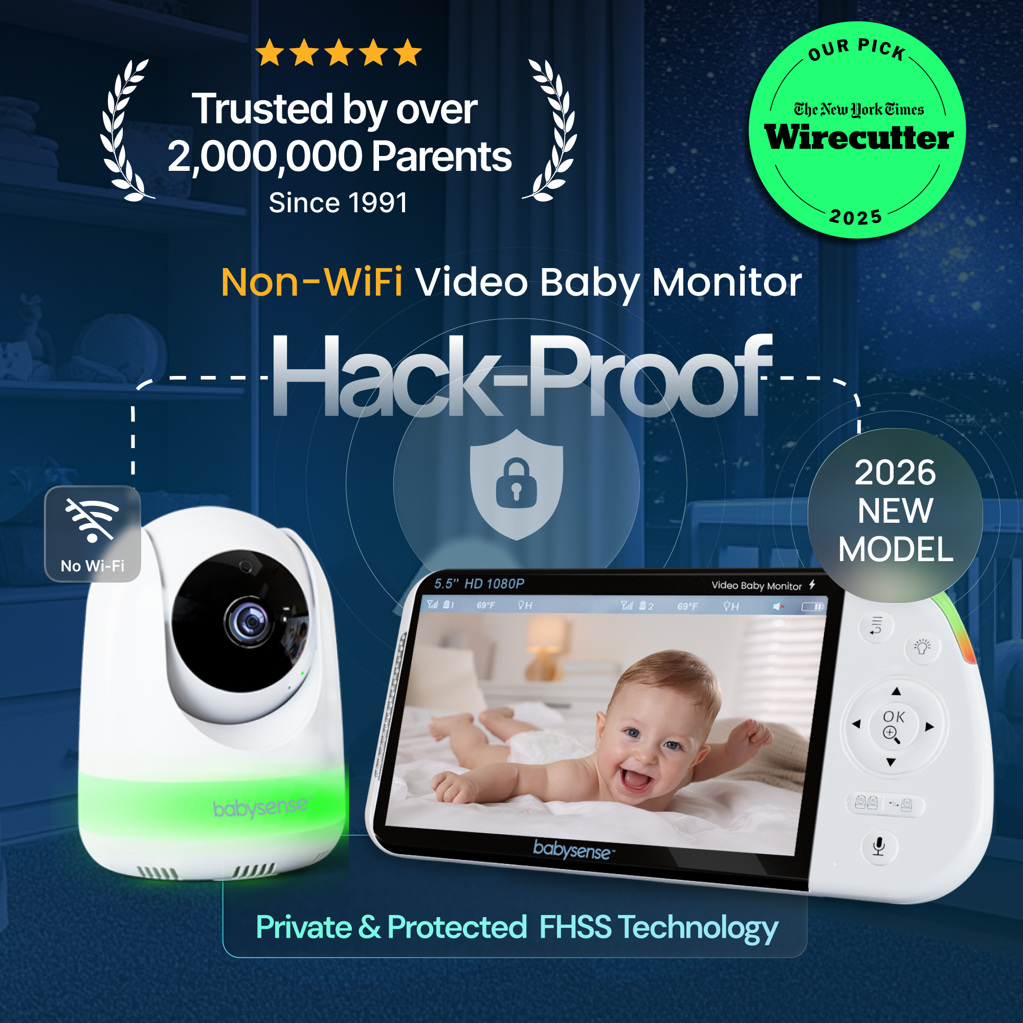 Babysense Pro: Video Baby Monitor with 3 Cameras, Non Wifi, Split Screen, Night Light & Sound Machine