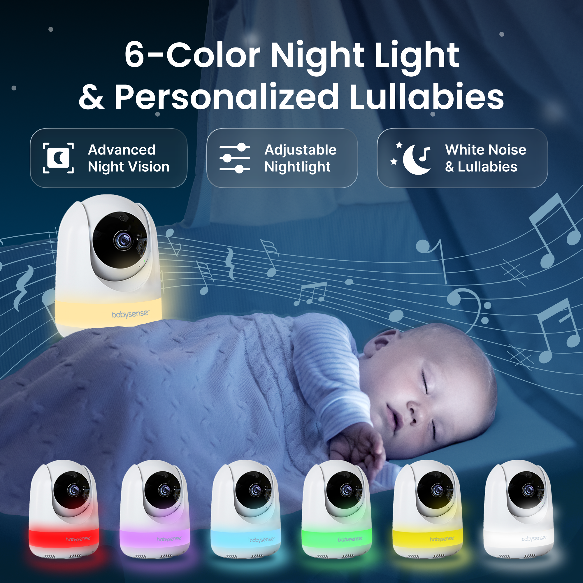Babysense Pro: Video Baby Monitor with 3 Cameras, Non Wifi, Split Screen, Night Light & Sound Machine