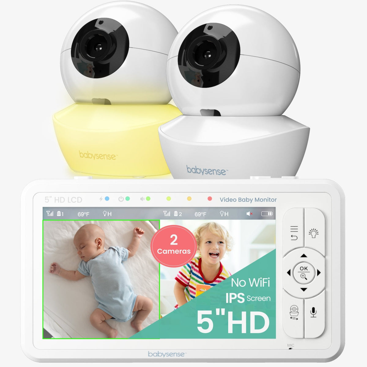 Babysense HD S2: Video Baby Monitor with 2 Cameras, Non Wifi, Split Screen & Night Light Machine - Babysense