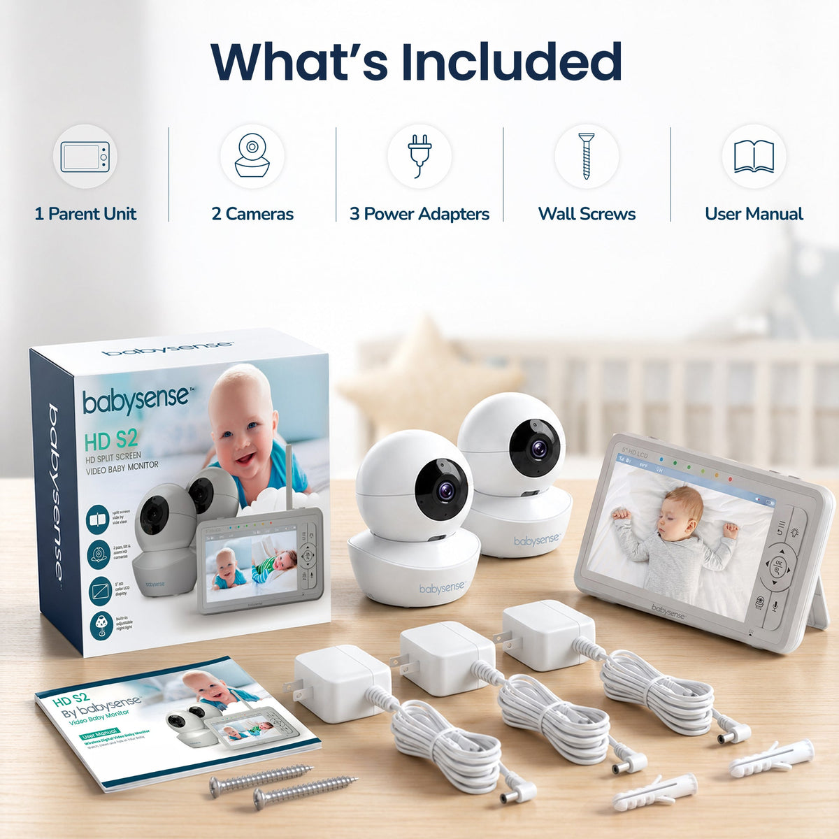 Babysense HD S2: Video Baby Monitor with 2 Cameras, Non Wifi, Split Screen & Night Light Machine - Babysense