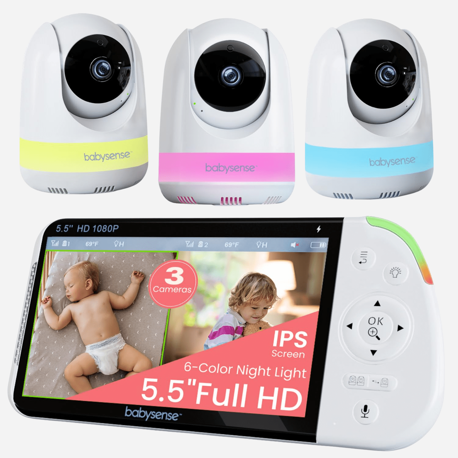 Babysense Max View Pro: Video Baby Monitor with 3 Cameras, Non Wifi, Split Screen, Night Light & Sound Machine - Babysense