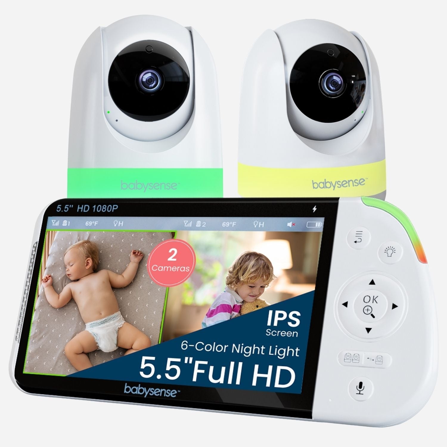 Babysense MaxView PRO: Video Baby Monitor with 2 Cameras, Non Wifi, Split Screen, Night Light & Sound Machine - Babysense