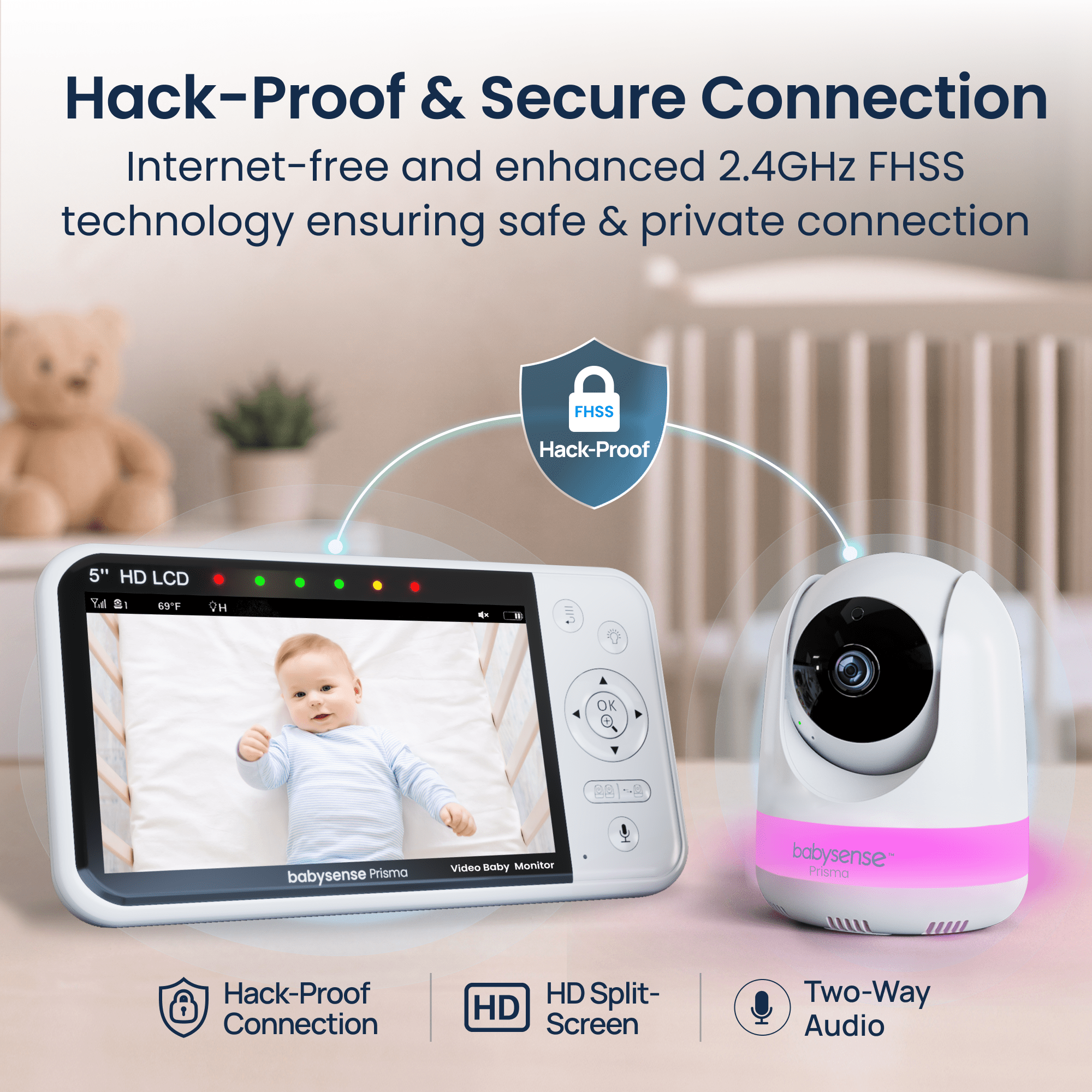 Babysense Prisma: Video Baby Monitor with 1 Camera, Non Wifi, Split Screen, Night Light & Sound Machine - Babysense