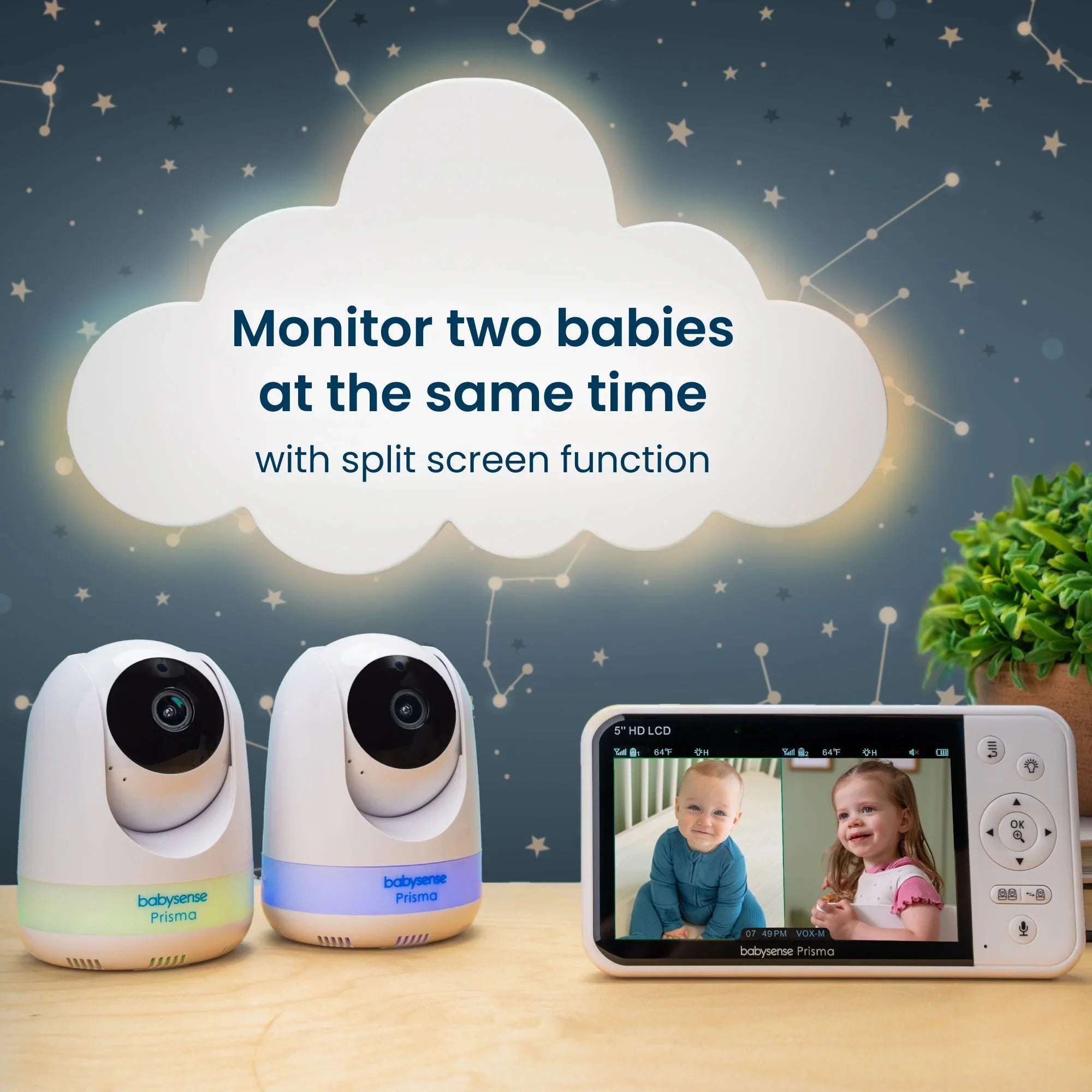 Babysense Prisma: Video Baby Monitor with 2 Cameras, Non Wifi, Split Screen, Night Light & Sound Machine - Babysense