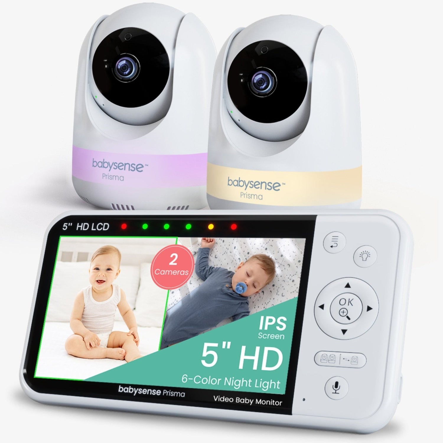 Babysense Prisma: Video Baby Monitor with 2 Cameras, Non Wifi, Split Screen, Night Light & Sound Machine - Babysense