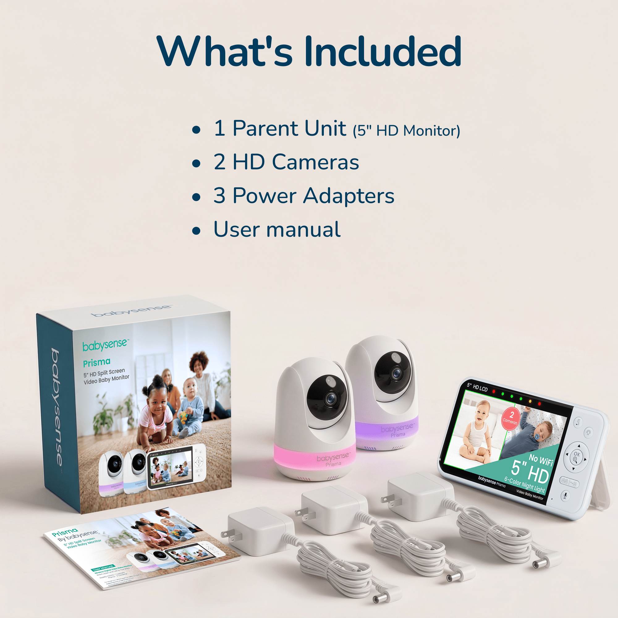 Babysense Prisma: Video Baby Monitor with 2 Cameras, Non Wifi, Split Screen, Night Light & Sound Machine - Babysense