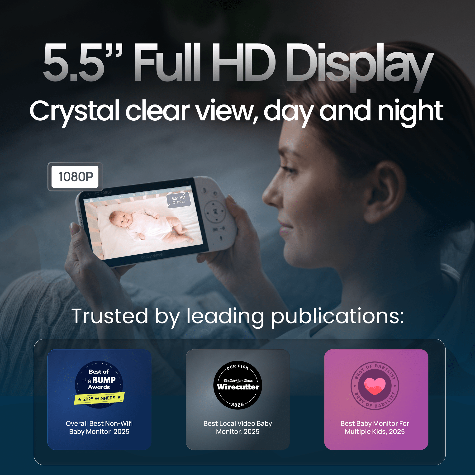Babysense PRO: Video Baby Monitor with 2 Cameras, Non Wifi, Split Screen, Night Light & Sound Machine - Babysense