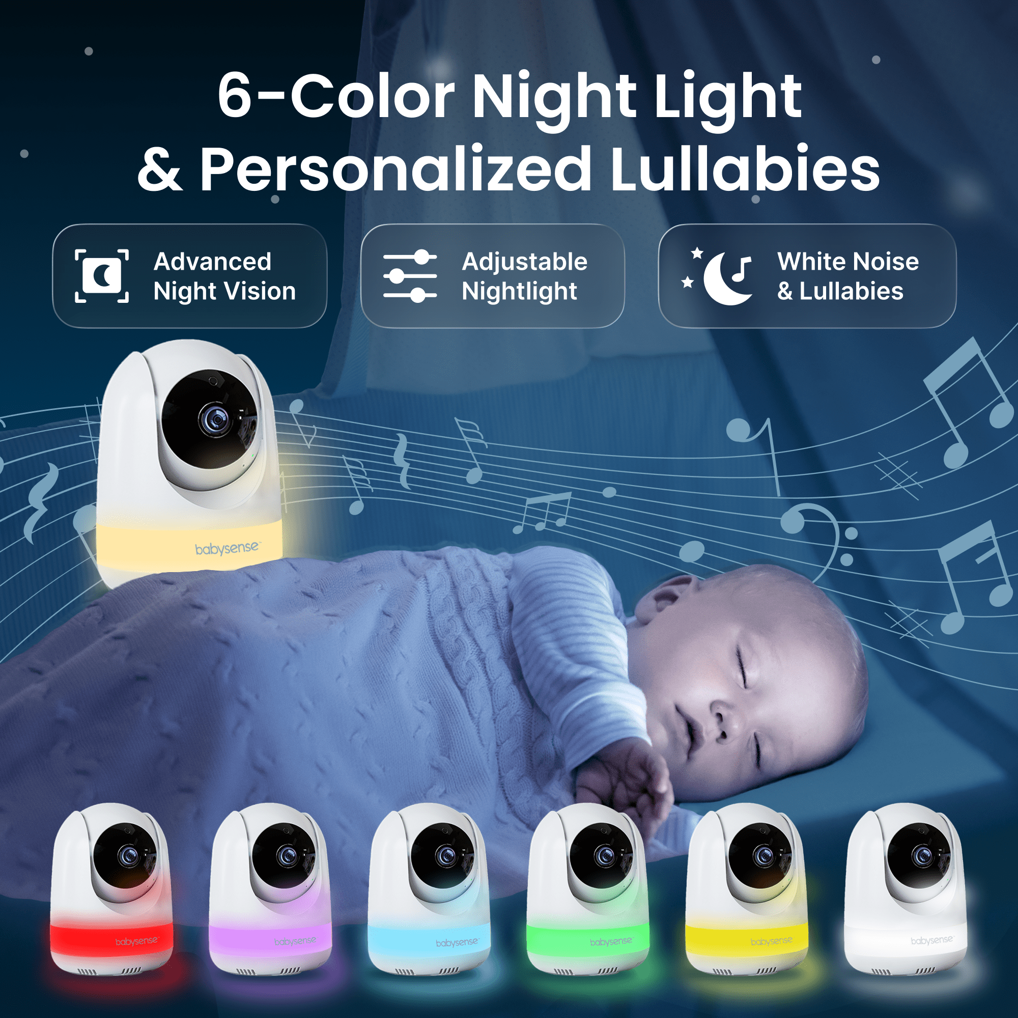 Babysense Pro: Video Baby Monitor with 3 Cameras, Non Wifi, Split Screen, Night Light & Sound Machine - Babysense