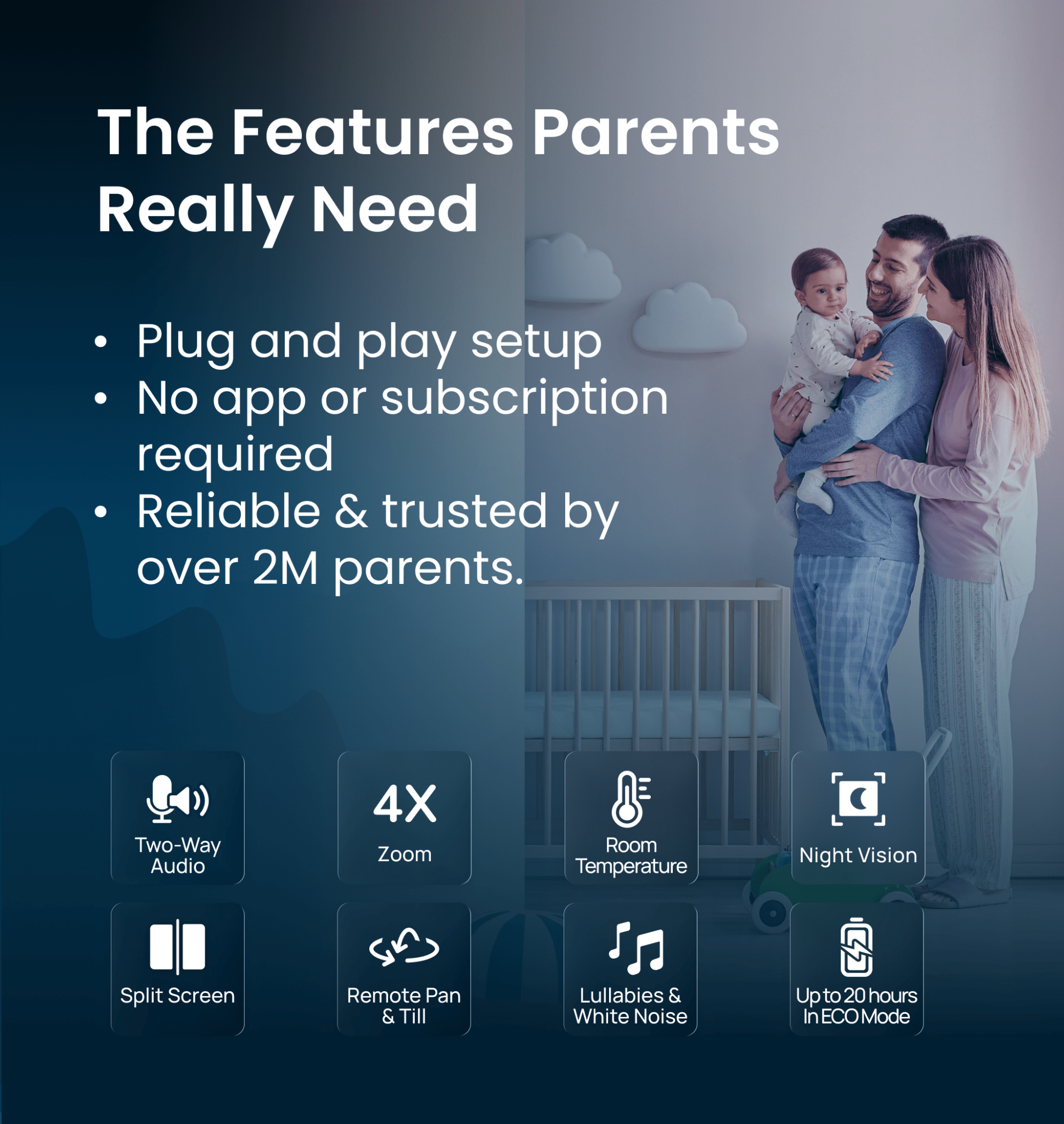 Babysense Pro: Video Baby Monitor with 3 Cameras, Non Wifi, Split Screen, Night Light & Sound Machine - Babysense