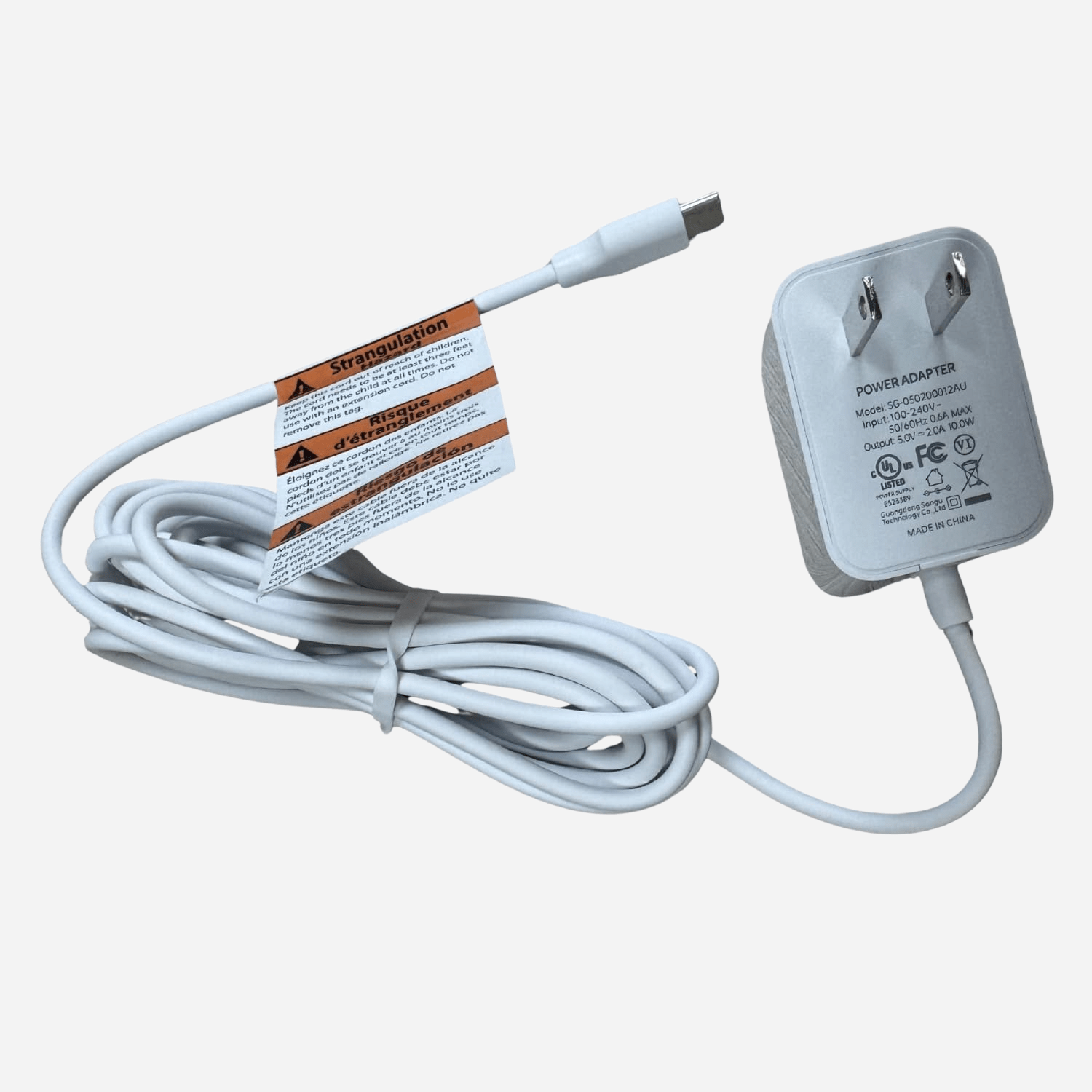 A white Babysense TOUCH Parent Unit power adapter and USB-C cord, with a strangulation warning tag, appears ready to power an HD video baby monitor