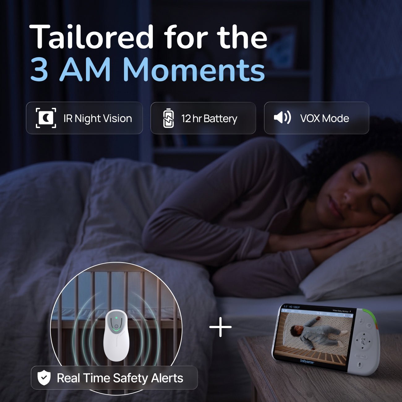 A sleeping woman in bed next to a nightstand with a white Babysense hd baby monitor displaying a baby in a crib, featuring an inset of a crib sensor with real-time safety alerts