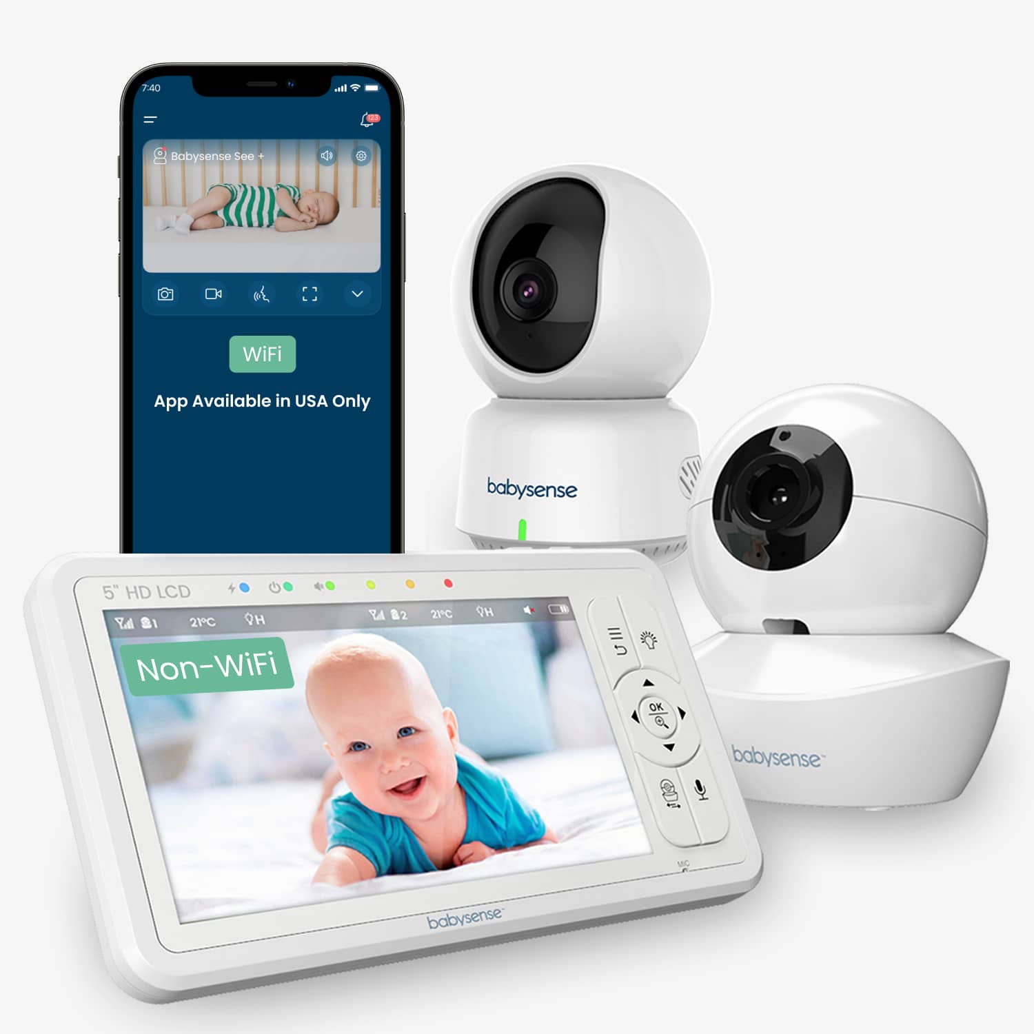 Babysense HD Dual - Baby Monitor with WiFi, and Separate Non-WiFi Camera - Babysense