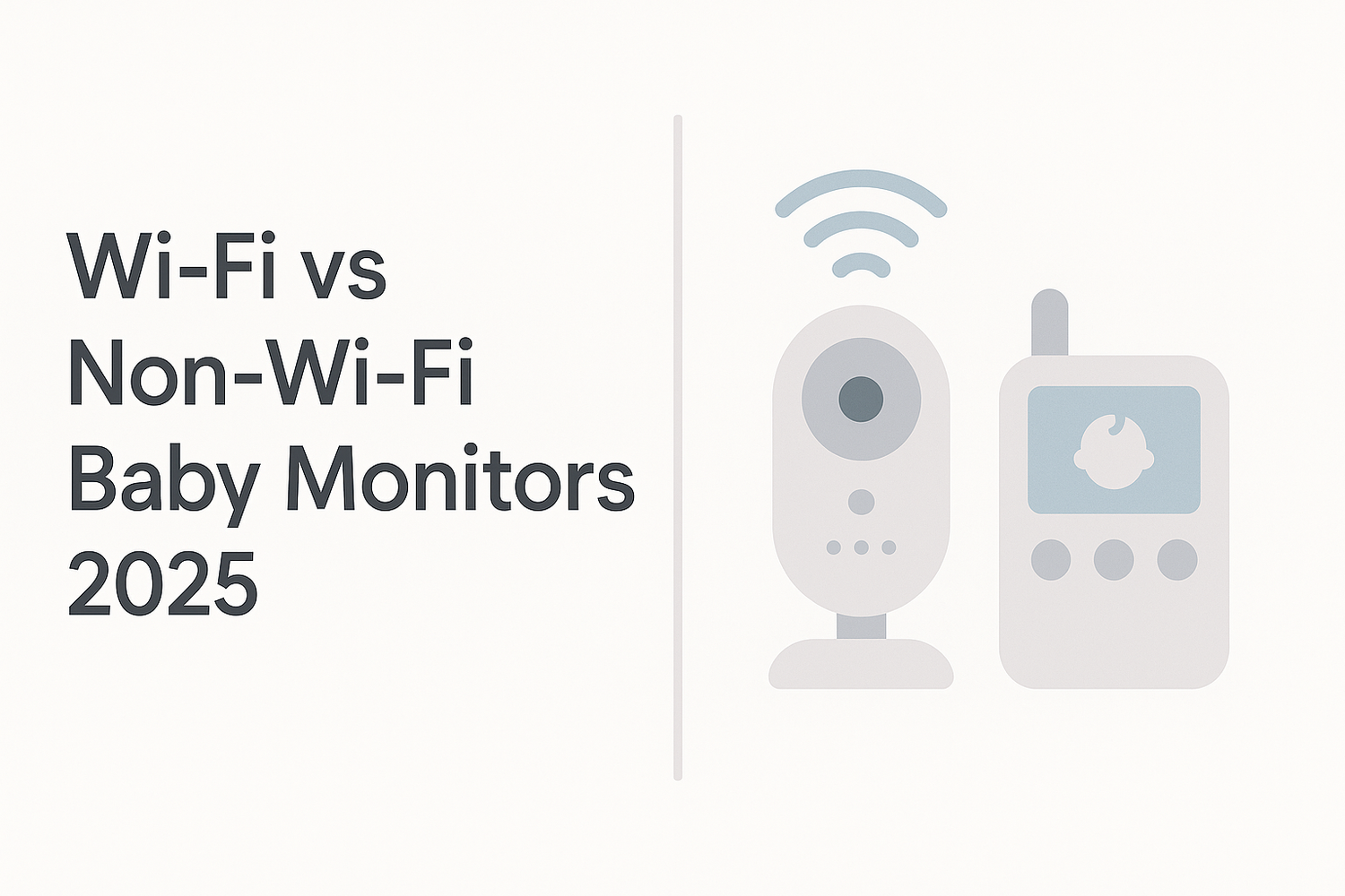 Minimalist thumbnail with text “Wi-Fi vs Non-Wi-Fi Baby Monitors 2025” beside simple icons of two baby monitors, one with a Wi-Fi signal and one with a handheld screen.