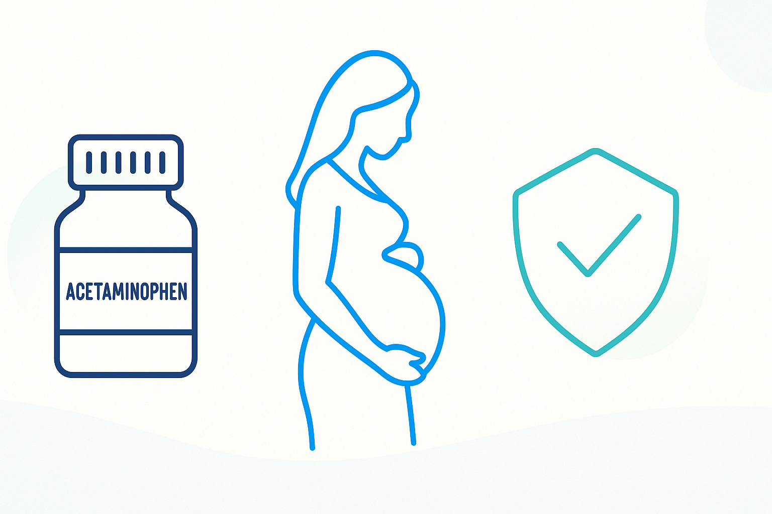 Minimalist illustration showing an acetaminophen bottle, a pregnant woman outline, and a shield with a check mark symbolizing careful safe use.