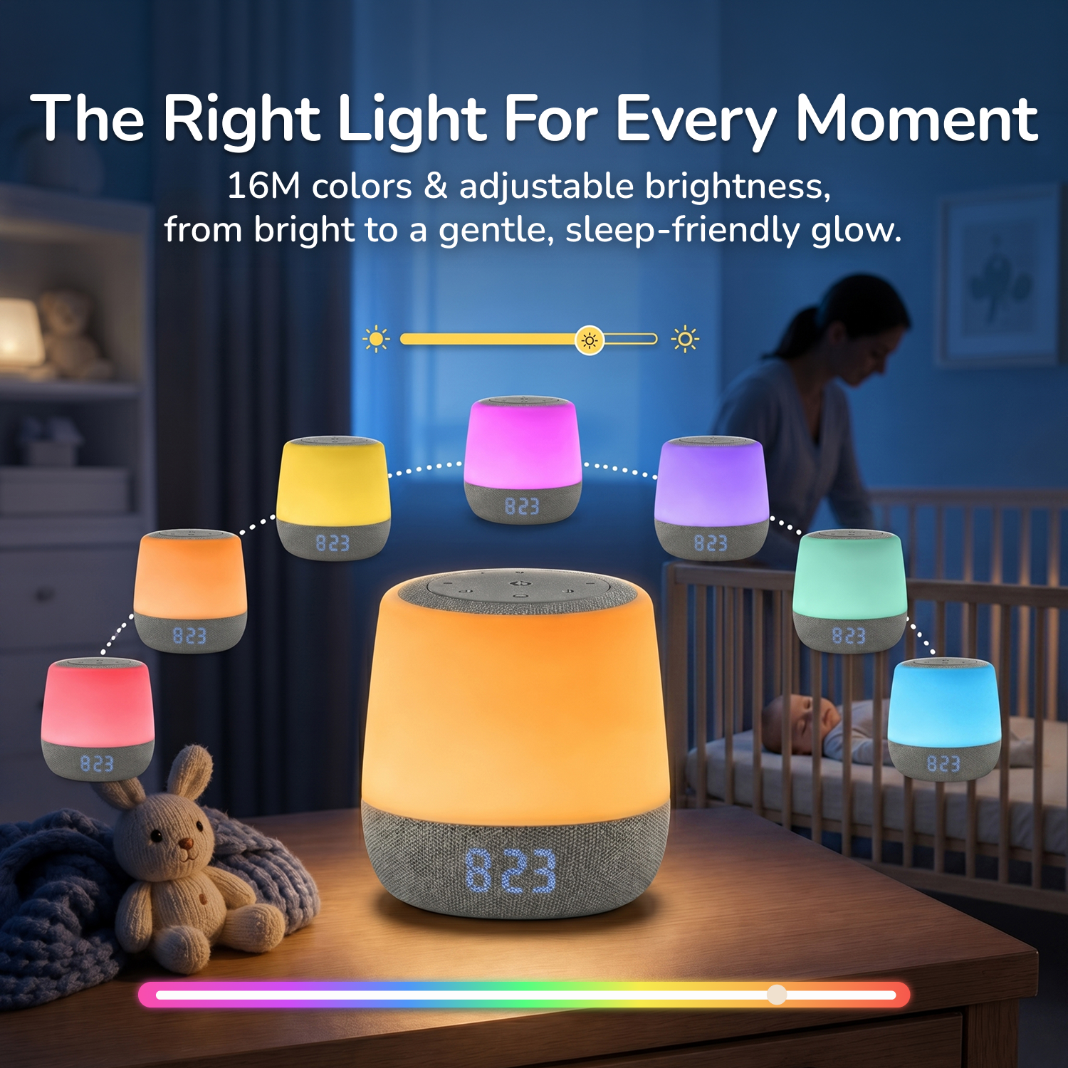A smart speaker lamp in a nursery setting, glowing with warm light on a wooden table, with floating color options and text highlighting 16M colors and adjustable brightness. A woman is seen in the background near a crib.