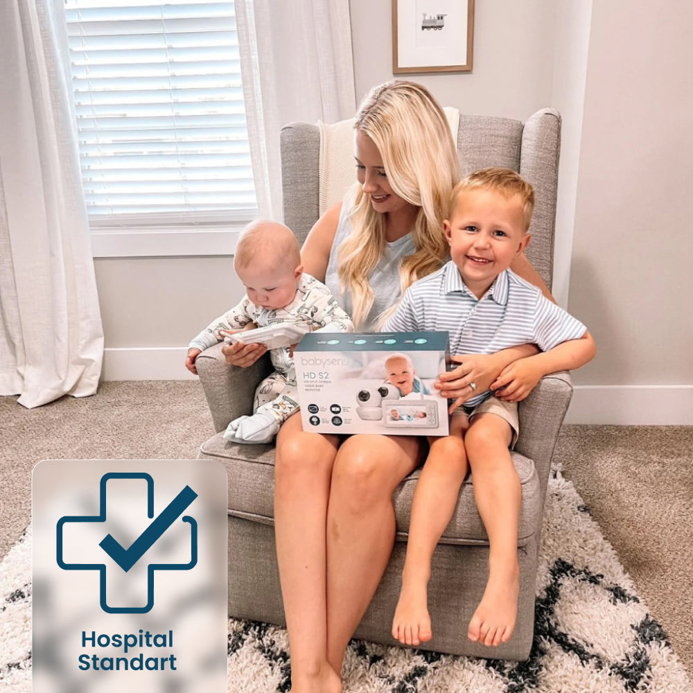 Woman sitting on a chair with two children holding a product box, with 'Hospital Standard' logo in the corner.