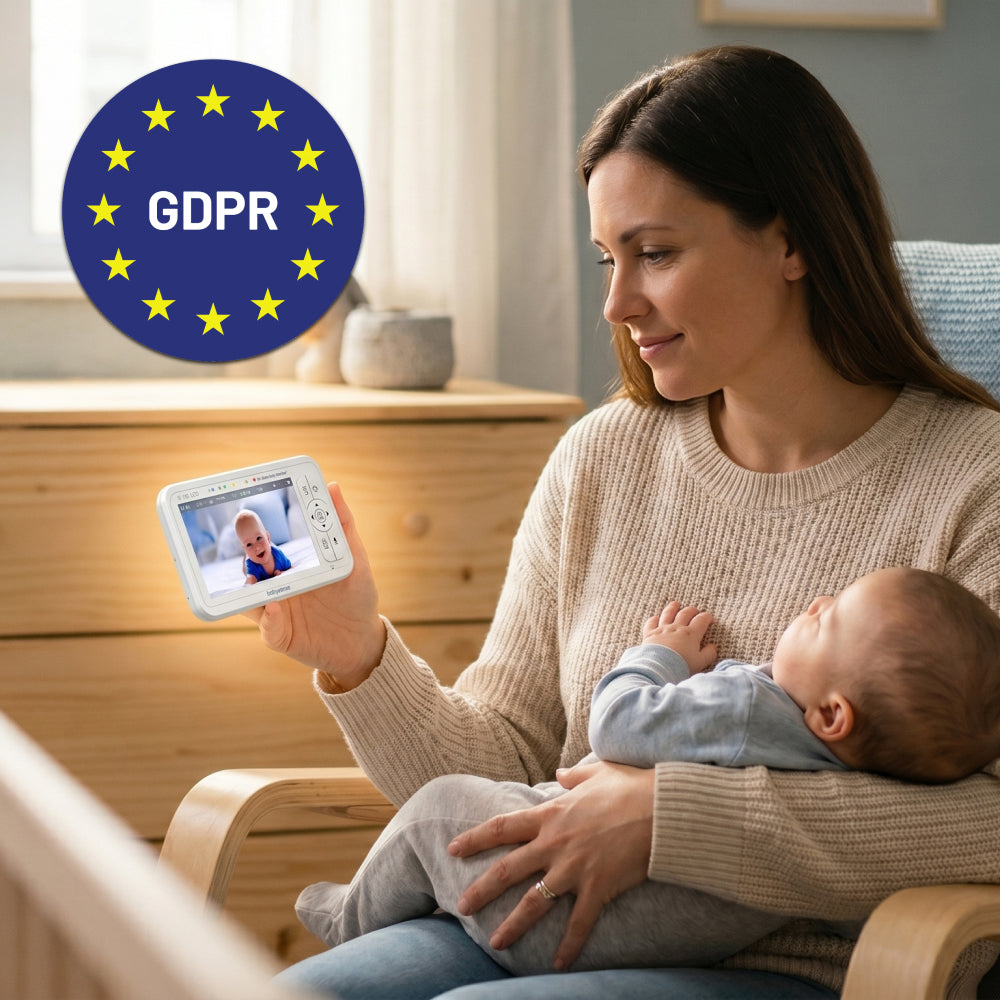 Woman holding a baby and a digital baby monitor with a GDPR logo in the corner.
