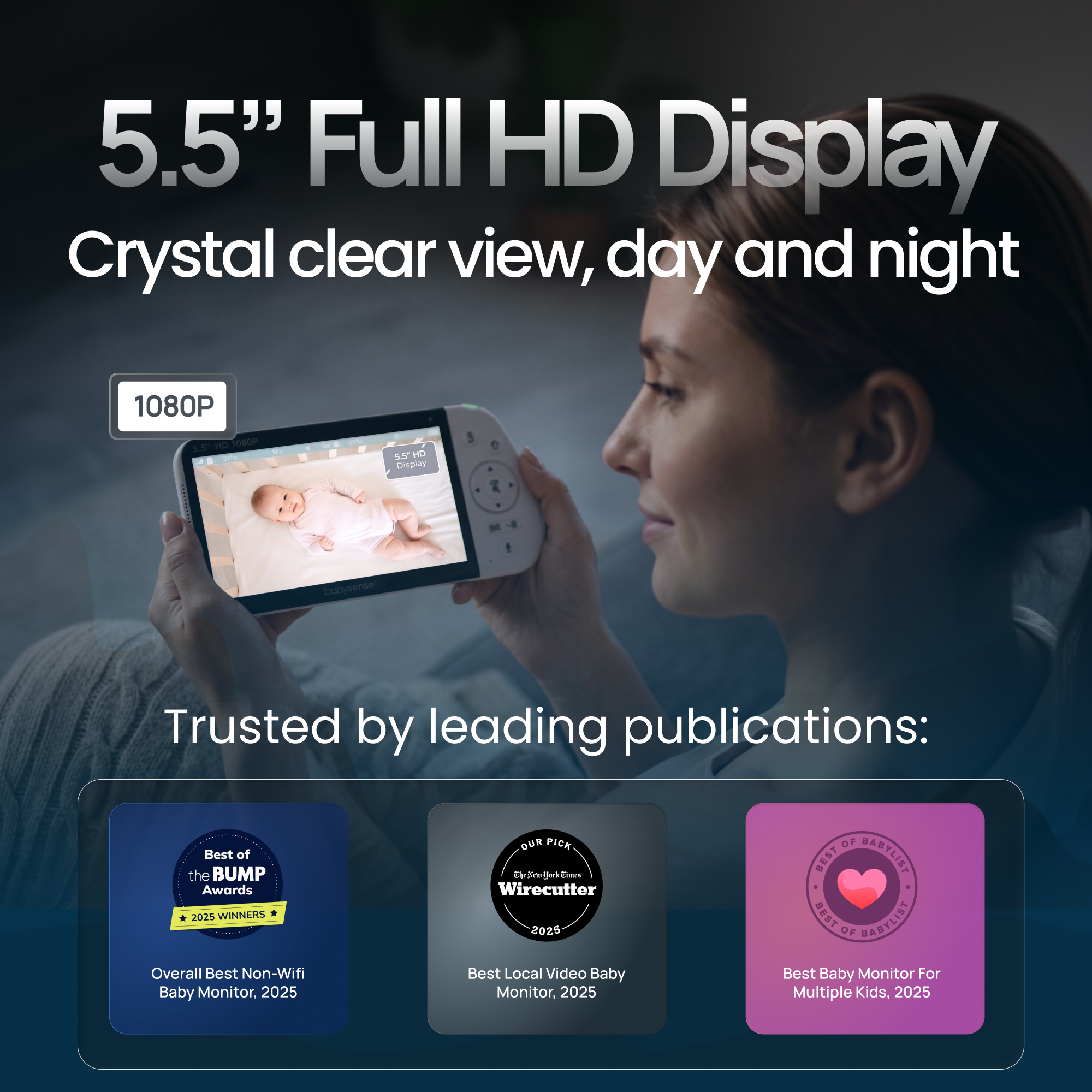 Babysense Pro: Video Baby Monitor with 3 Cameras, Non Wifi, Split Screen, Night Light & Sound Machine