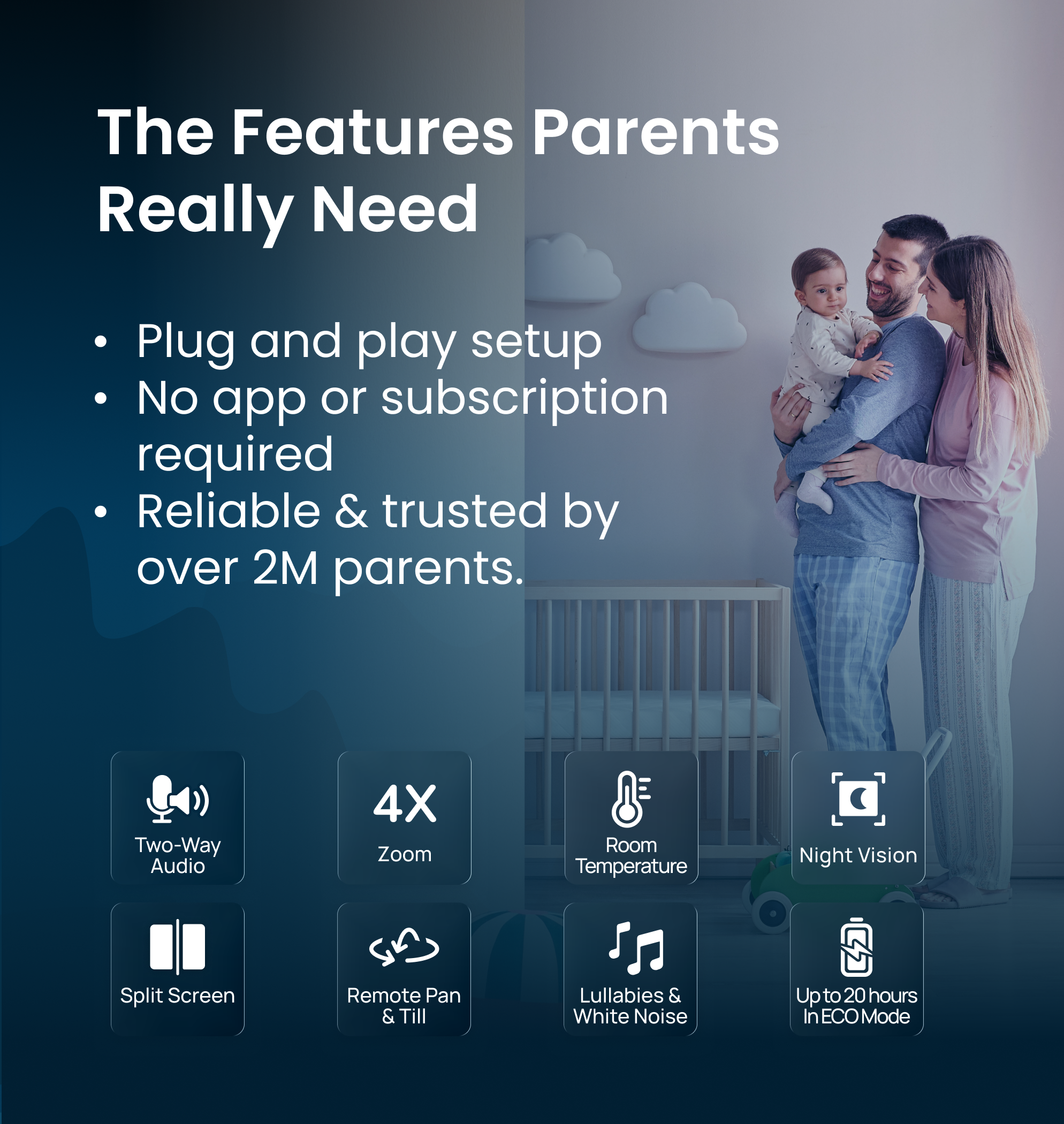Babysense Pro: Video Baby Monitor with 3 Cameras, Non Wifi, Split Screen, Night Light & Sound Machine