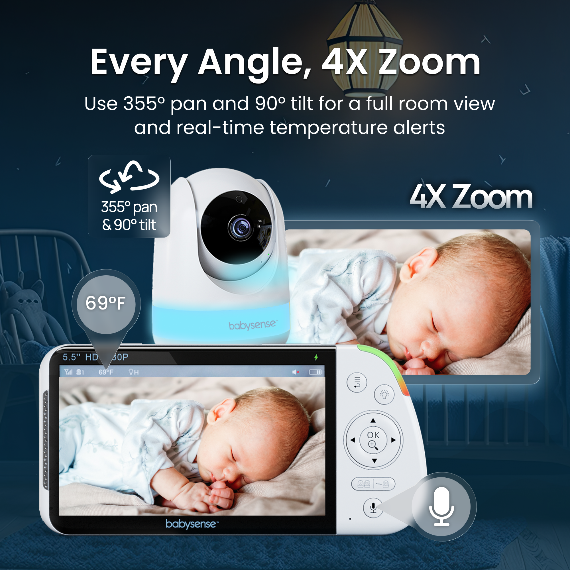 Babysense Pro: Video Baby Monitor with 3 Cameras, Non Wifi, Split Screen, Night Light & Sound Machine