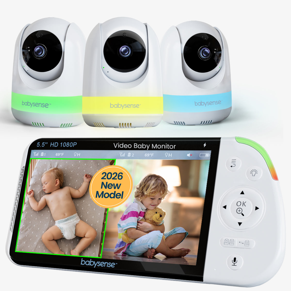 Babysense Pro: Video Baby Monitor with 3 Cameras, Non Wifi, Split Screen, Night Light & Sound Machine
