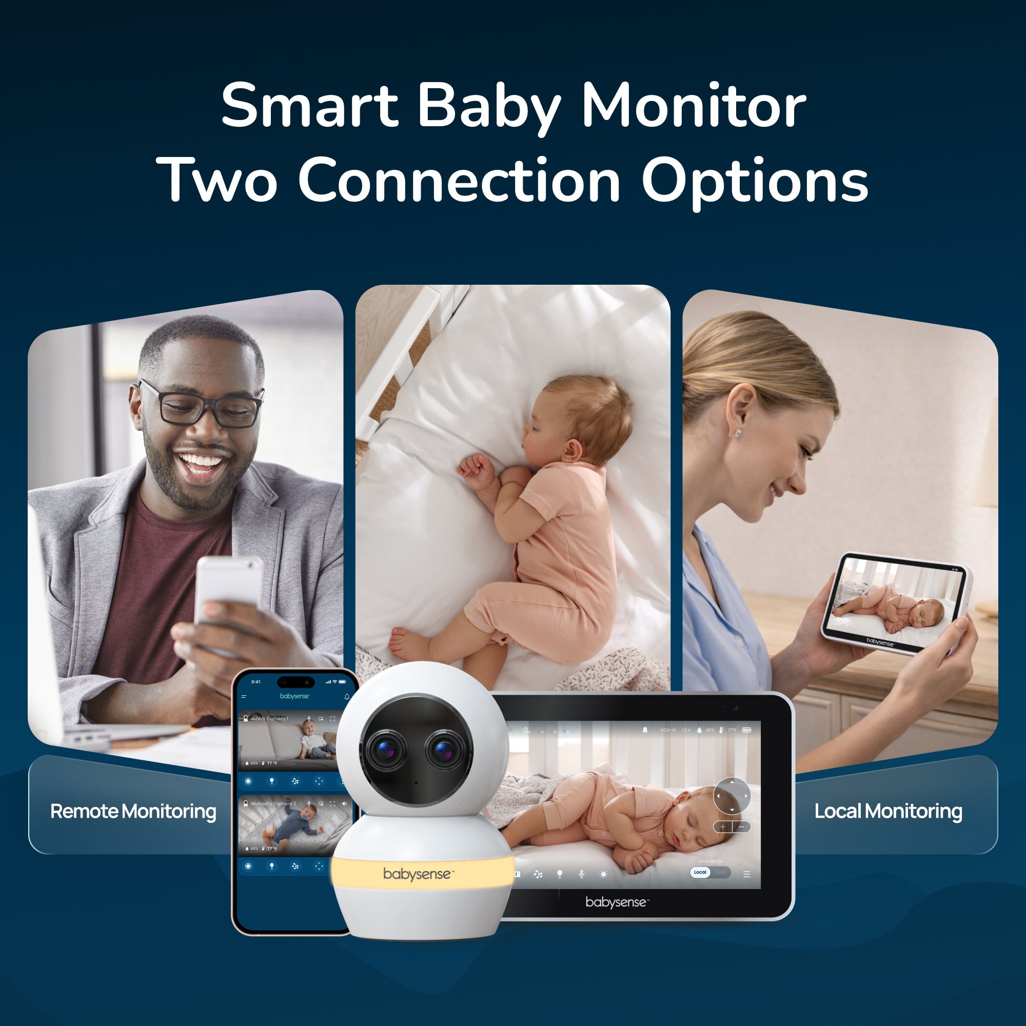 Babysense 7" Touchscreen Smart WiFi Baby Monitor with Camera and Audio, 4MP Dual - Lens Camera, AI Tracking, Focus Area, Cry Detection, 6X Zoom, Night Light, Split - Screen, 2 - Way Talk, 5200mAh Battery - Babysense