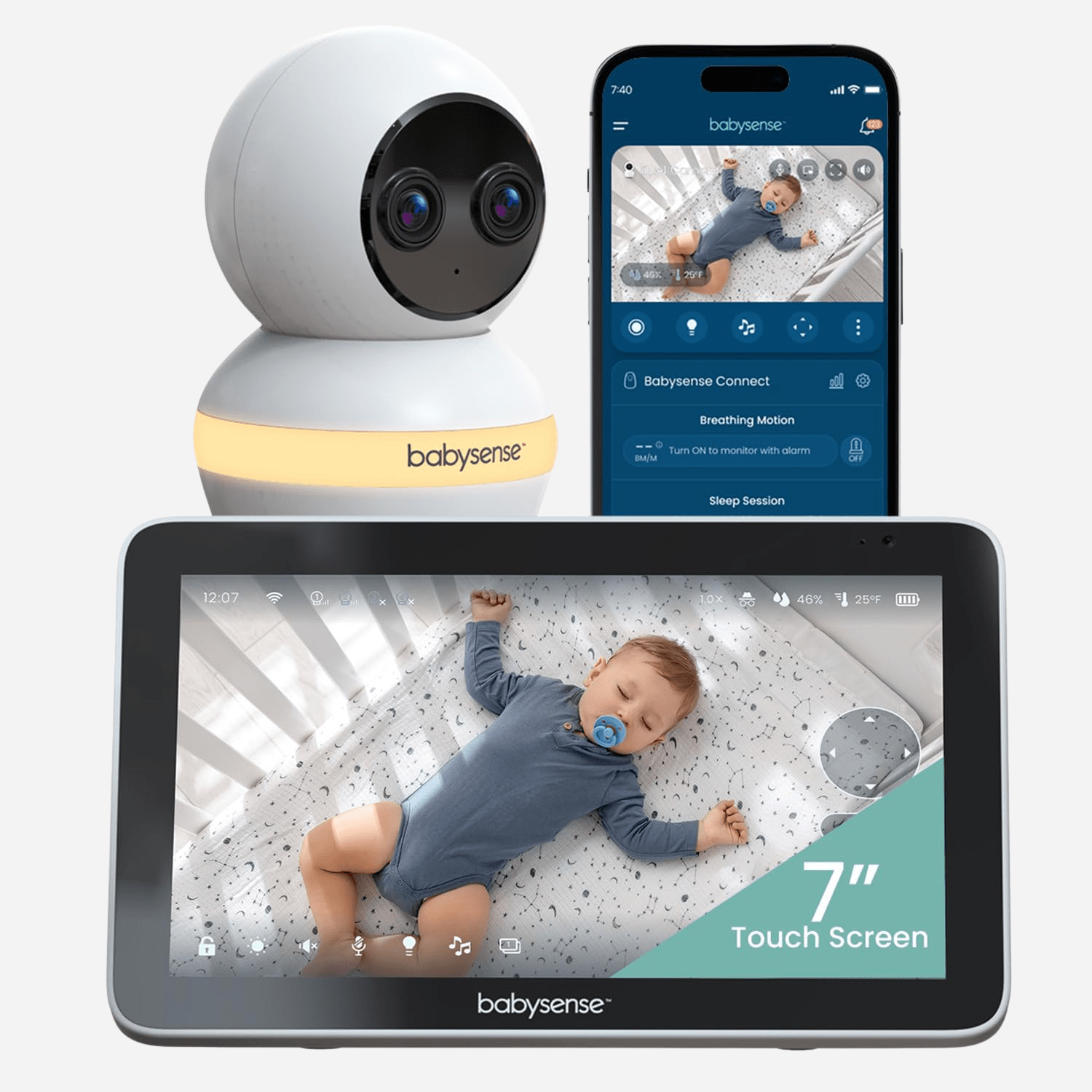 Babysense 7" Touchscreen Smart WiFi Baby Monitor with Camera and Audio, 4MP Dual - Lens Camera, AI Tracking, Focus Area, Cry Detection, 6X Zoom, Night Light, Split - Screen, 2 - Way Talk, 5200mAh Battery - Babysense
