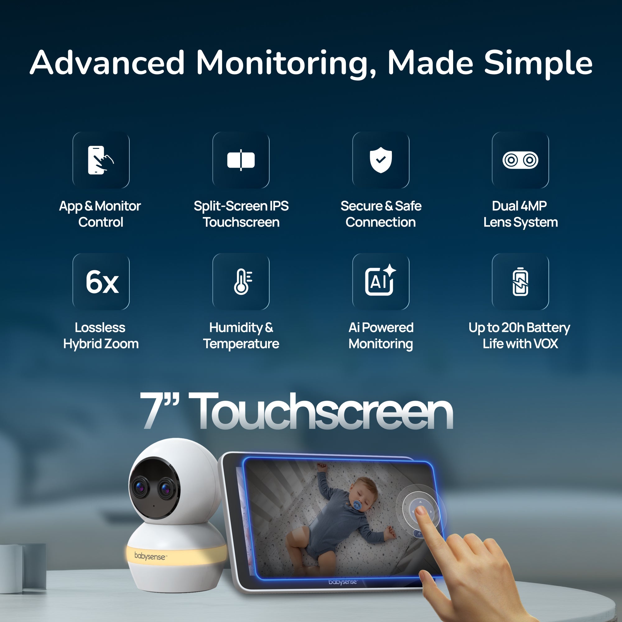 Babysense 7" Touchscreen Smart WiFi Baby Monitor with Camera and Audio, 4MP Dual - Lens Camera, AI Tracking, Focus Area, Cry Detection, 6X Zoom, Night Light, Split - Screen, 2 - Way Talk, 5200mAh Battery - Babysense