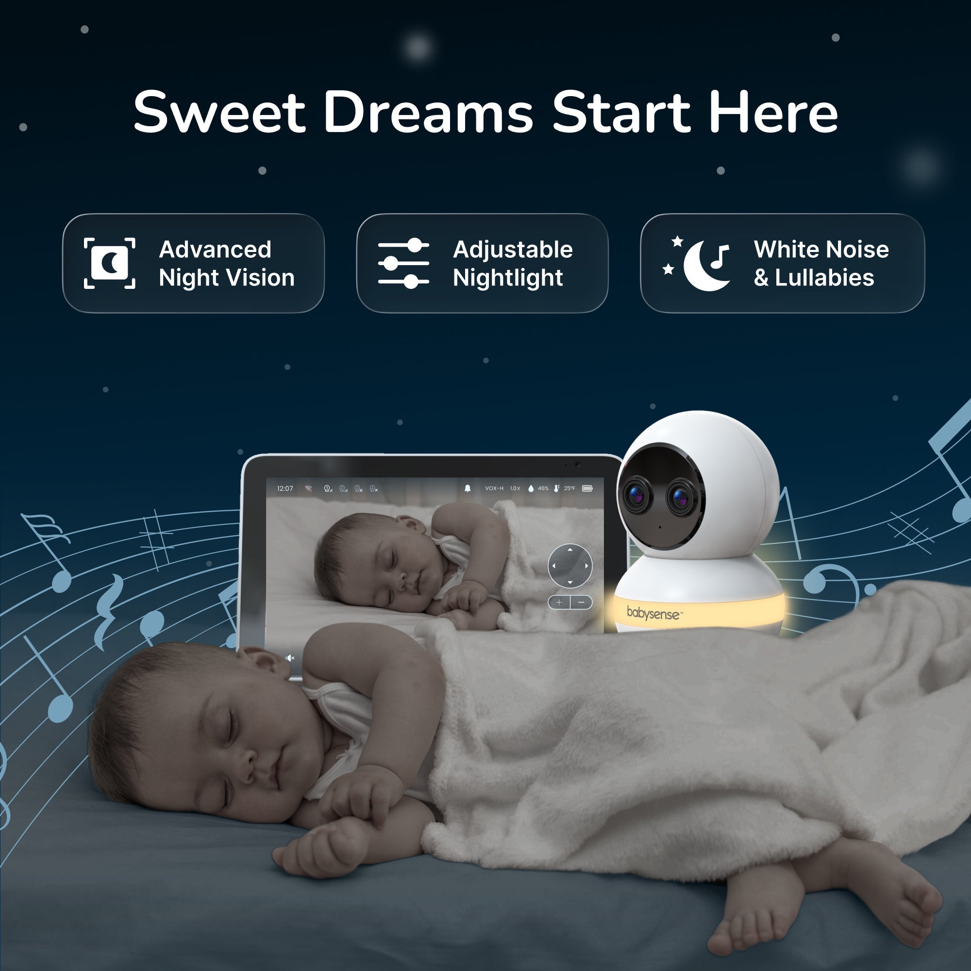 Babysense 7" Touchscreen Smart WiFi Baby Monitor with Camera and Audio, 4MP Dual - Lens Camera, AI Tracking, Focus Area, Cry Detection, 6X Zoom, Night Light, Split - Screen, 2 - Way Talk, 5200mAh Battery - Babysense