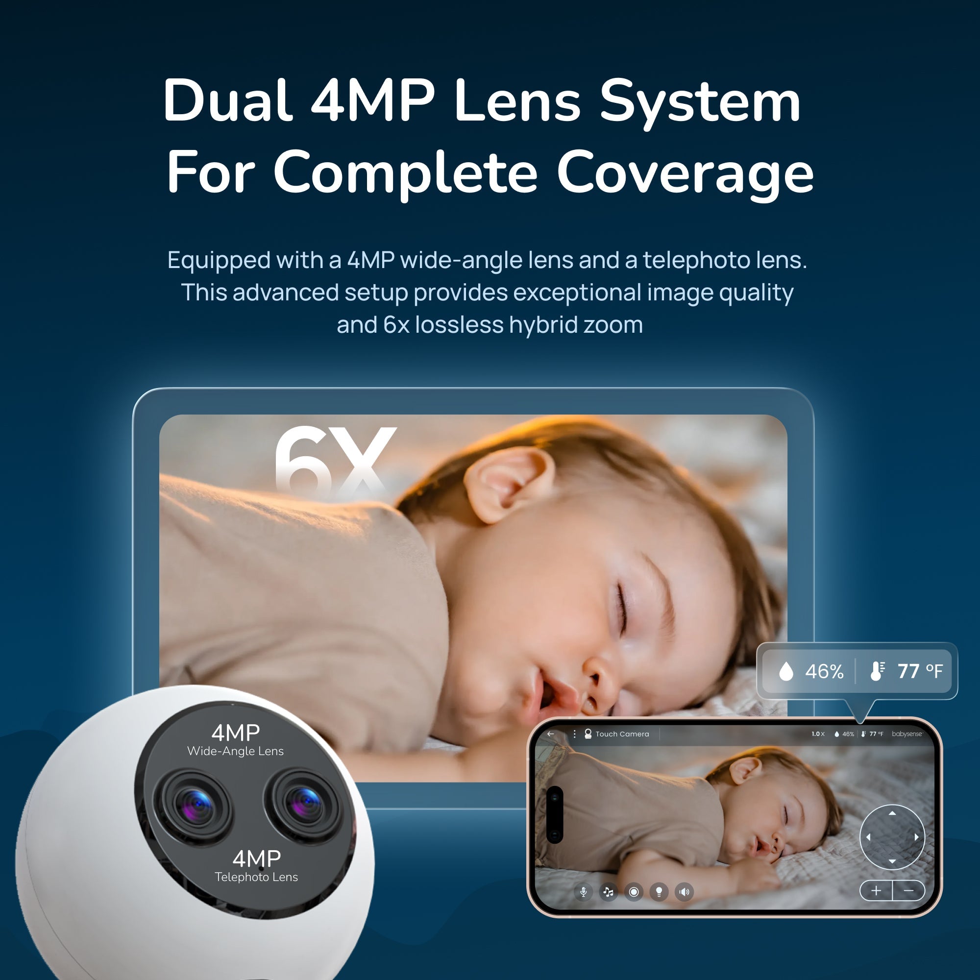 Babysense 7" Touchscreen Smart WiFi Baby Monitor with Camera and Audio, 4MP Dual - Lens Camera, AI Tracking, Focus Area, Cry Detection, 6X Zoom, Night Light, Split - Screen, 2 - Way Talk, 5200mAh Battery - Babysense