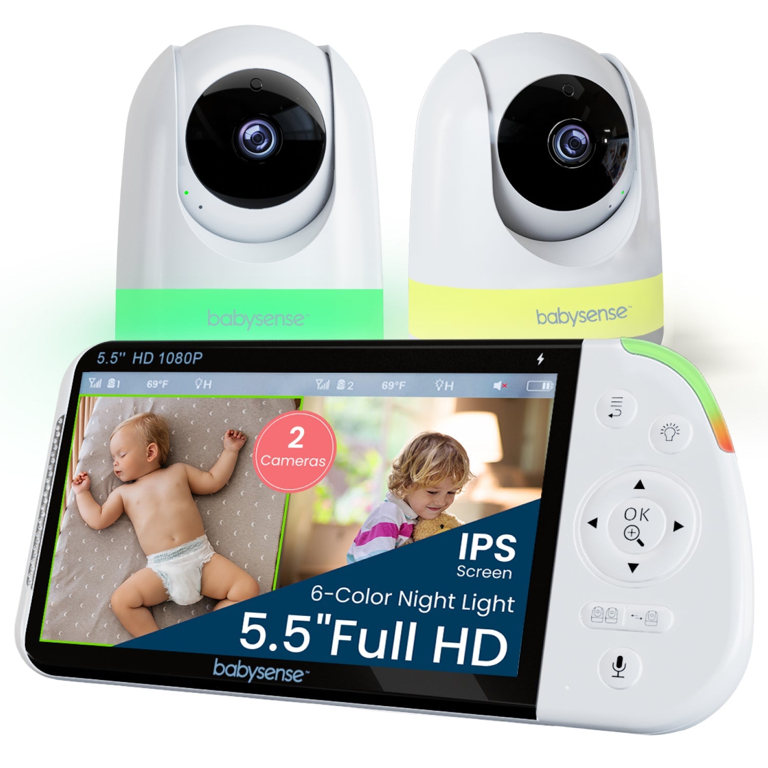 Babysense MaxView PRO: Video Baby Monitor with 2 Cameras, Non Wifi, Split Screen, Night Light & Sound Machine - Babysense