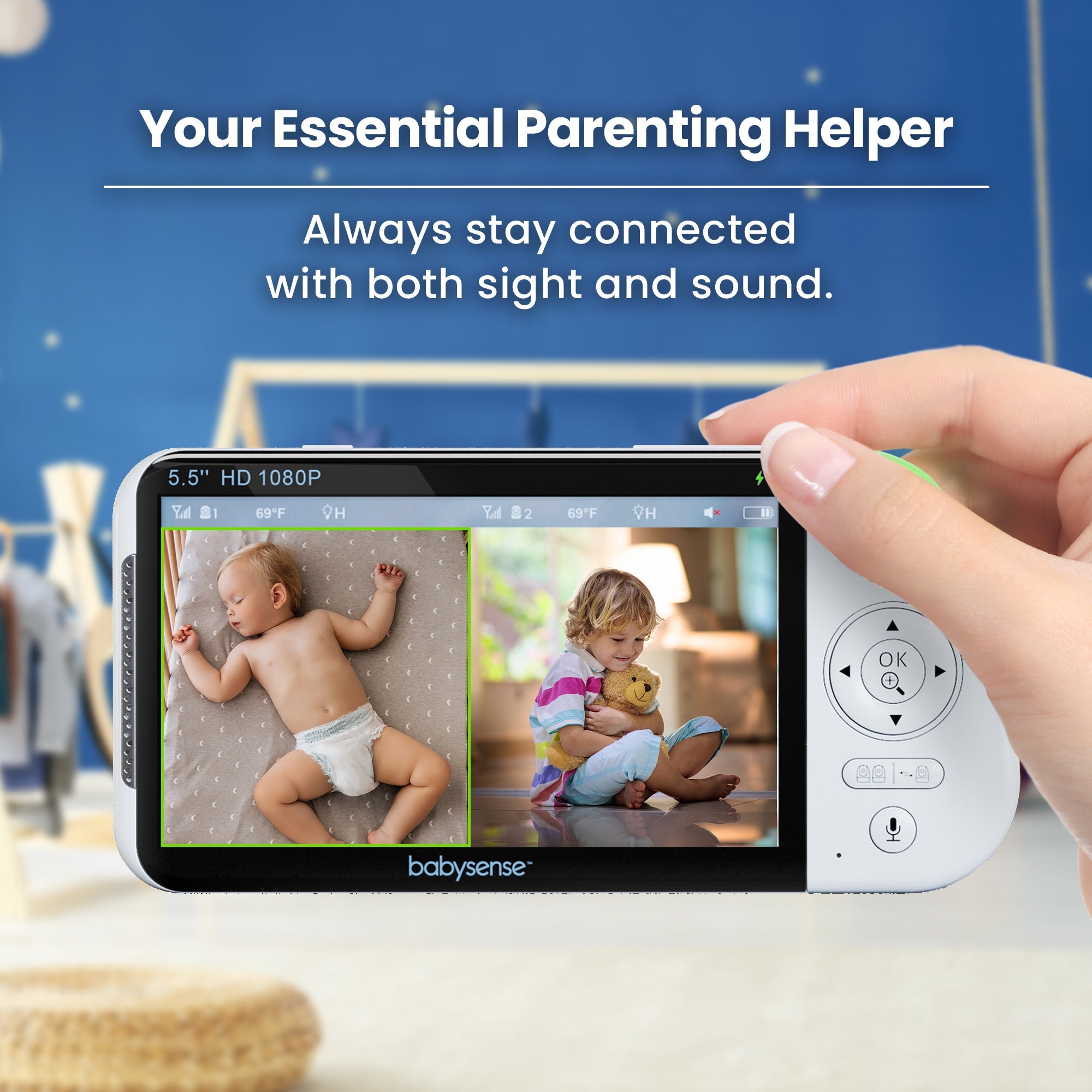 Babysense MaxView PRO: Video Baby Monitor with 2 Cameras, Non Wifi, Split Screen, Night Light & Sound Machine - Babysense