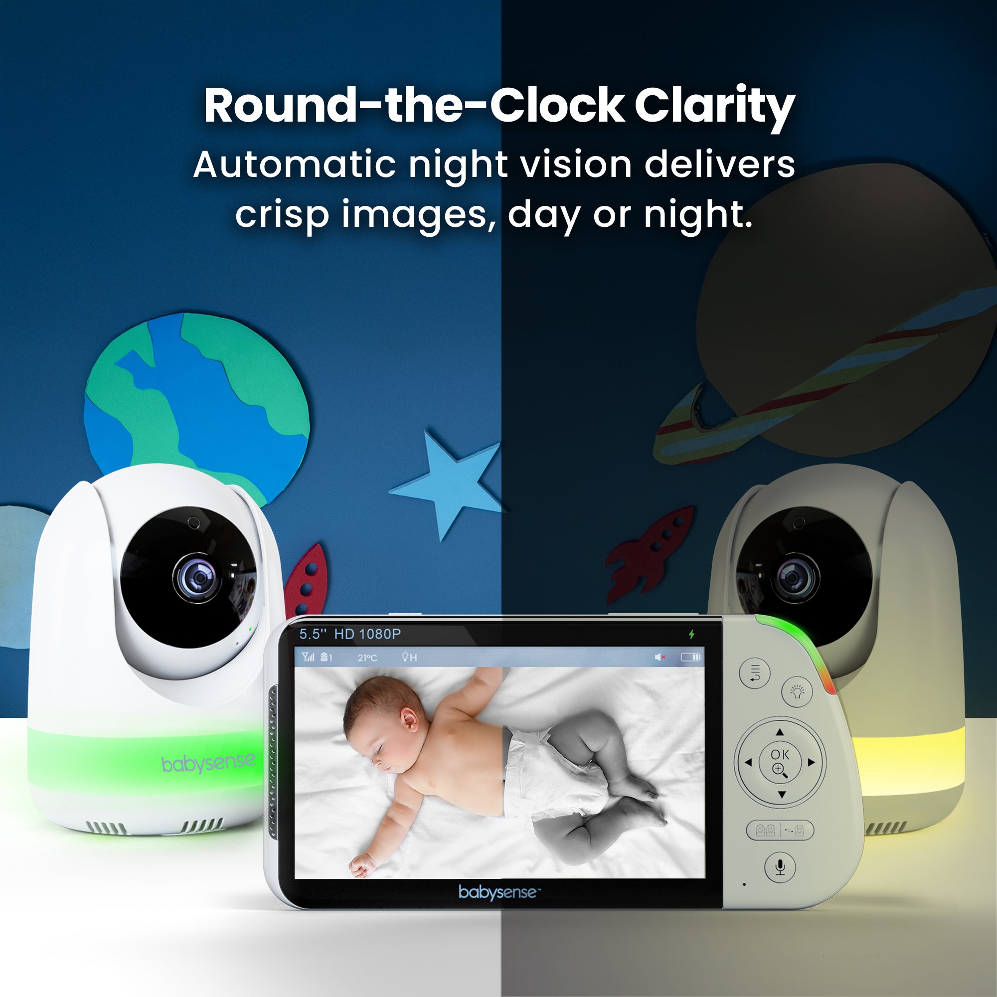 Babysense MaxView PRO: Video Baby Monitor with 2 Cameras, Non Wifi, Split Screen, Night Light & Sound Machine - Babysense