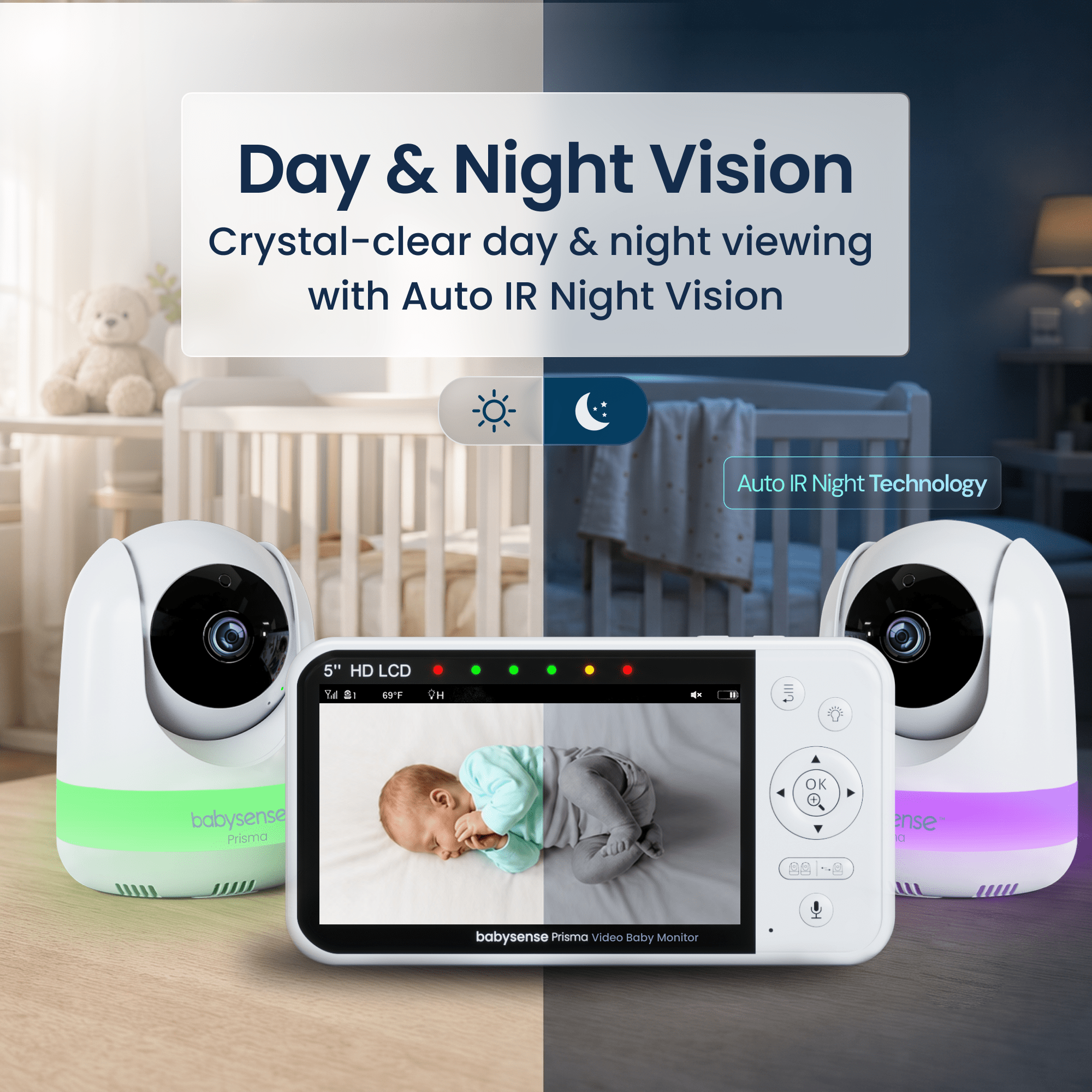 Babysense Prisma: Video Baby Monitor with 1 Camera, Non Wifi, Split Screen, Night Light & Sound Machine - Babysense