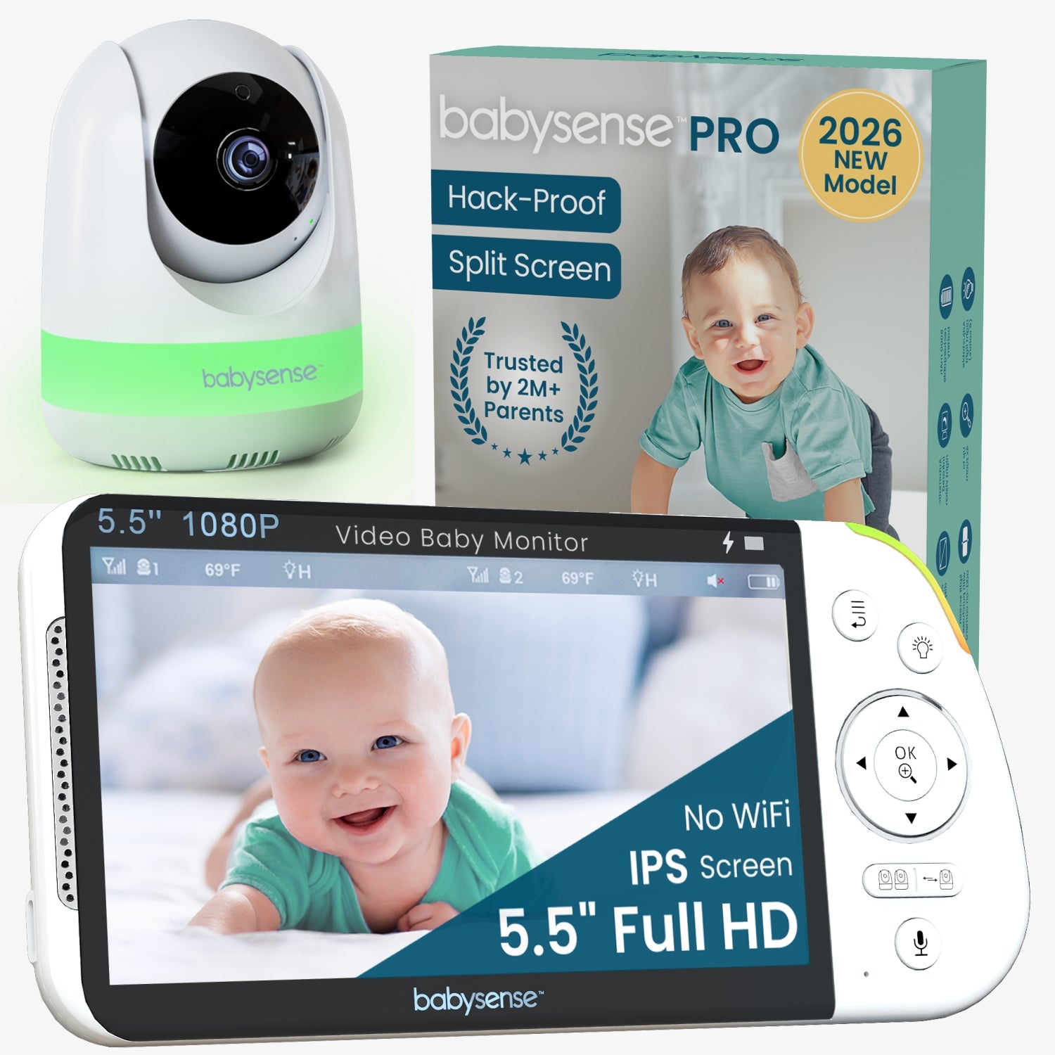 Babysense PRO: Video Baby Monitor with 1 Camera, Non Wifi, Split Screen, Night Light & Sound Machine - Babysense