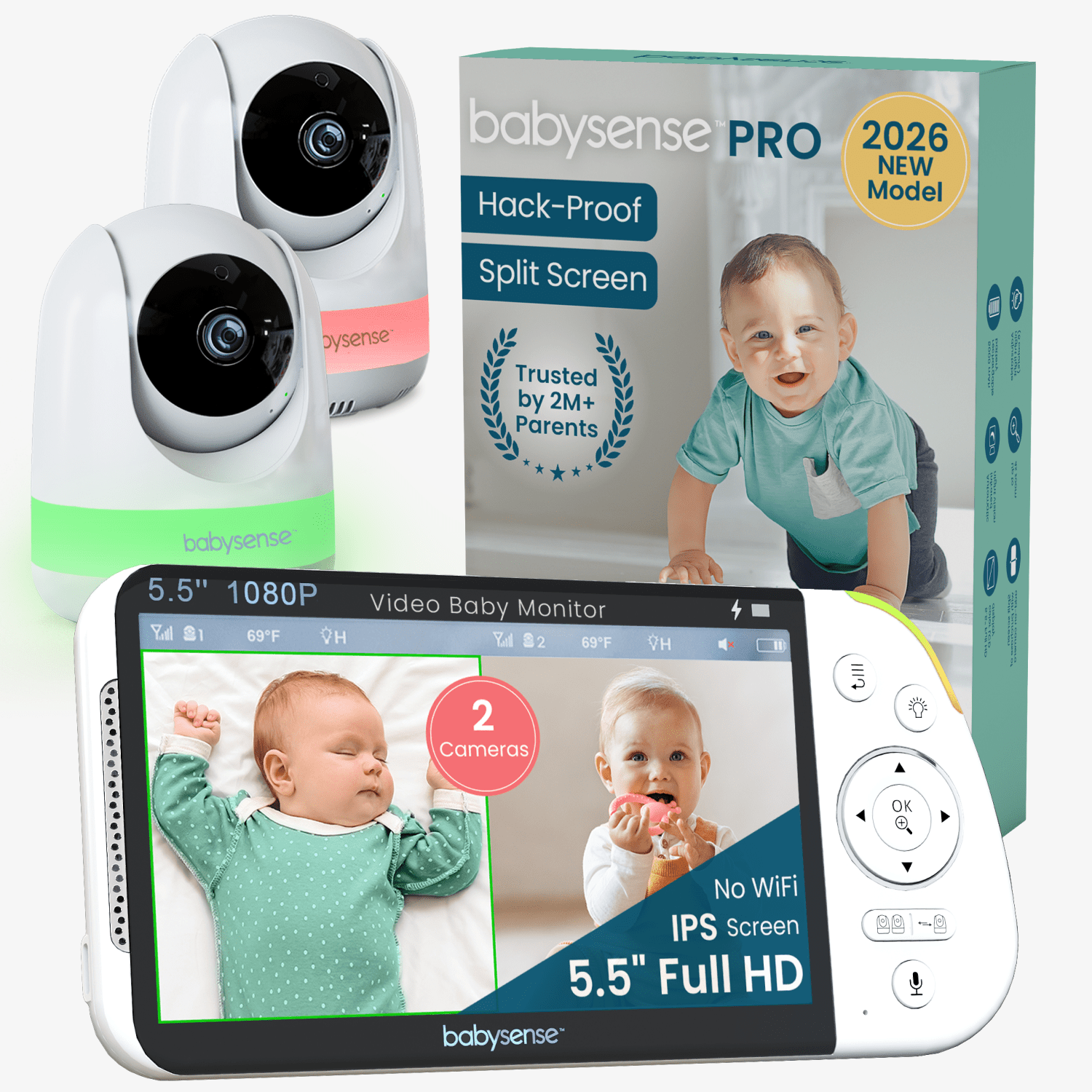 Babysense PRO: Video Baby Monitor with 2 Cameras, Non Wifi, Split Screen, Night Light & Sound Machine - Babysense