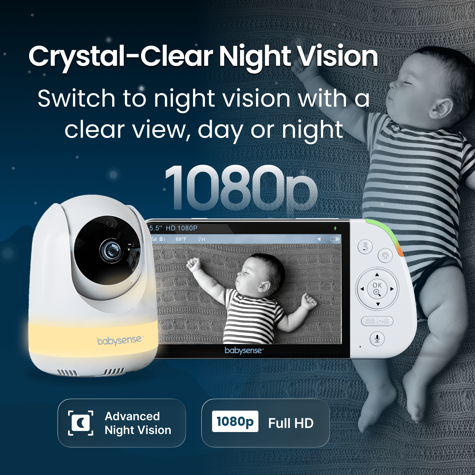 Babysense Pro: Video Baby Monitor with 3 Cameras, Non Wifi, Split Screen, Night Light & Sound Machine - Babysense