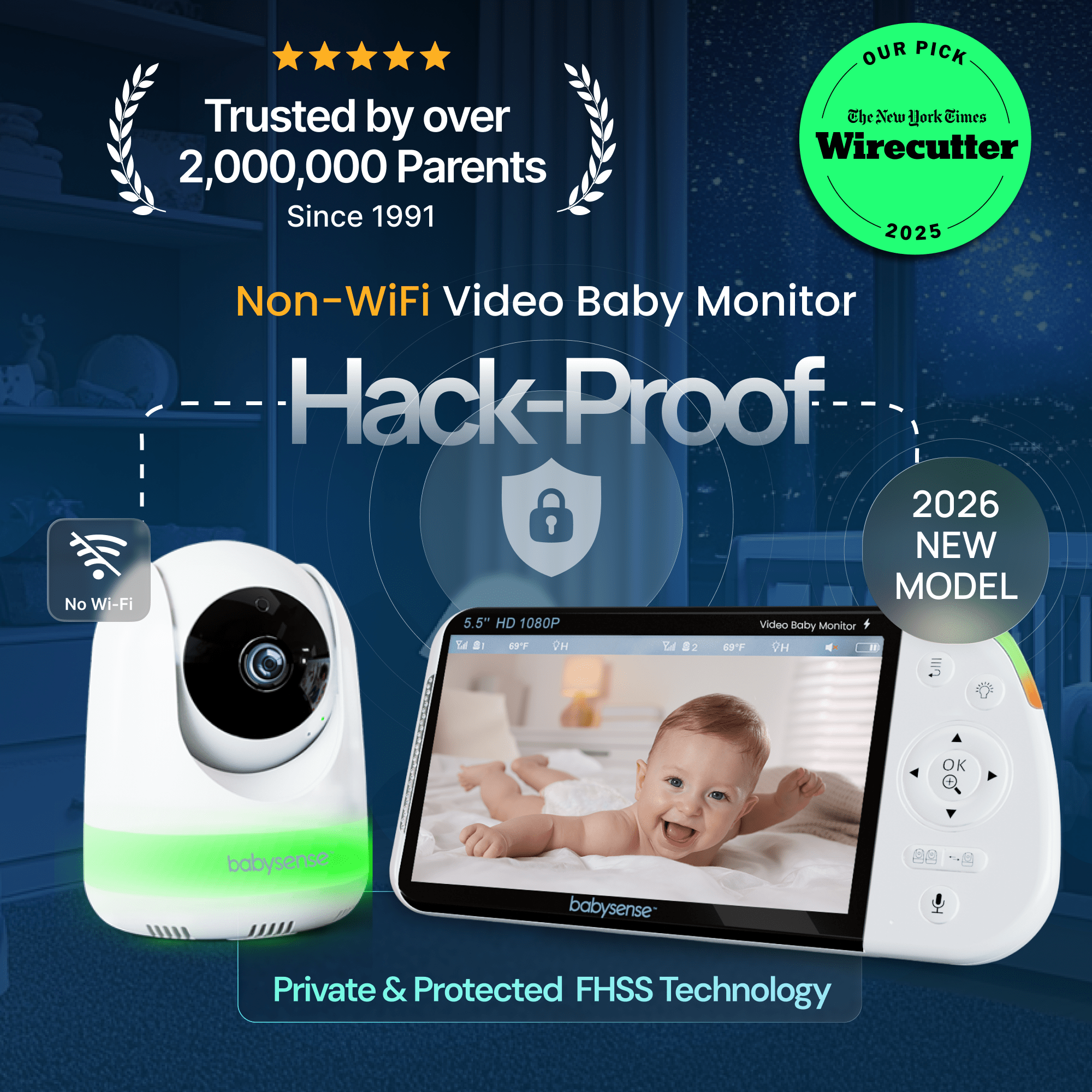 Babysense Pro: Video Baby Monitor with 3 Cameras, Non Wifi, Split Screen, Night Light & Sound Machine - Babysense