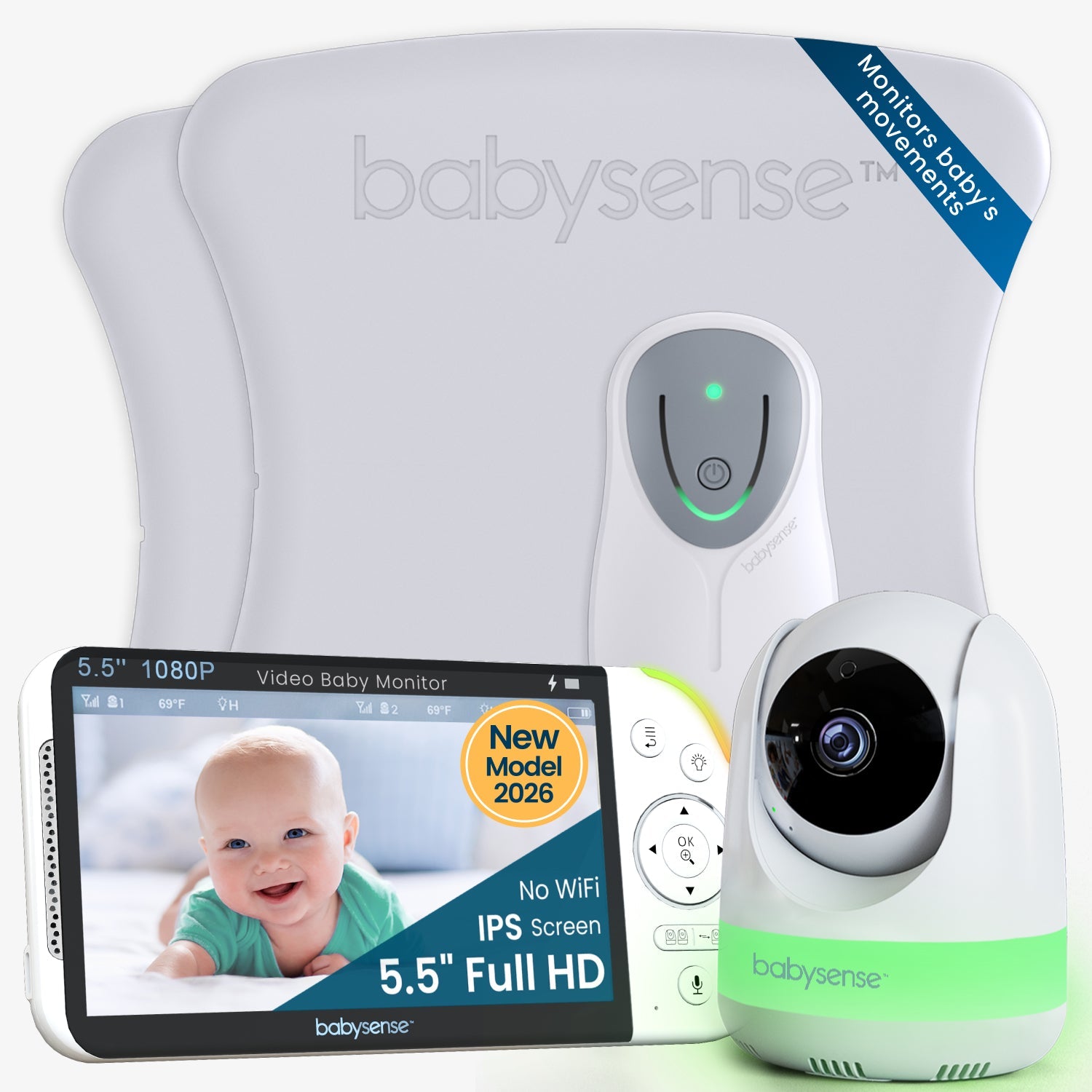 A Babysense best non wifi baby monitor set featuring a white 5.5" screen displaying a smiling baby, a camera, and two breathing-movement sensor pads