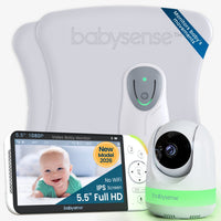 A Babysense best non wifi baby monitor set featuring a white 5.5" screen displaying a smiling baby, a camera, and two breathing-movement sensor pads