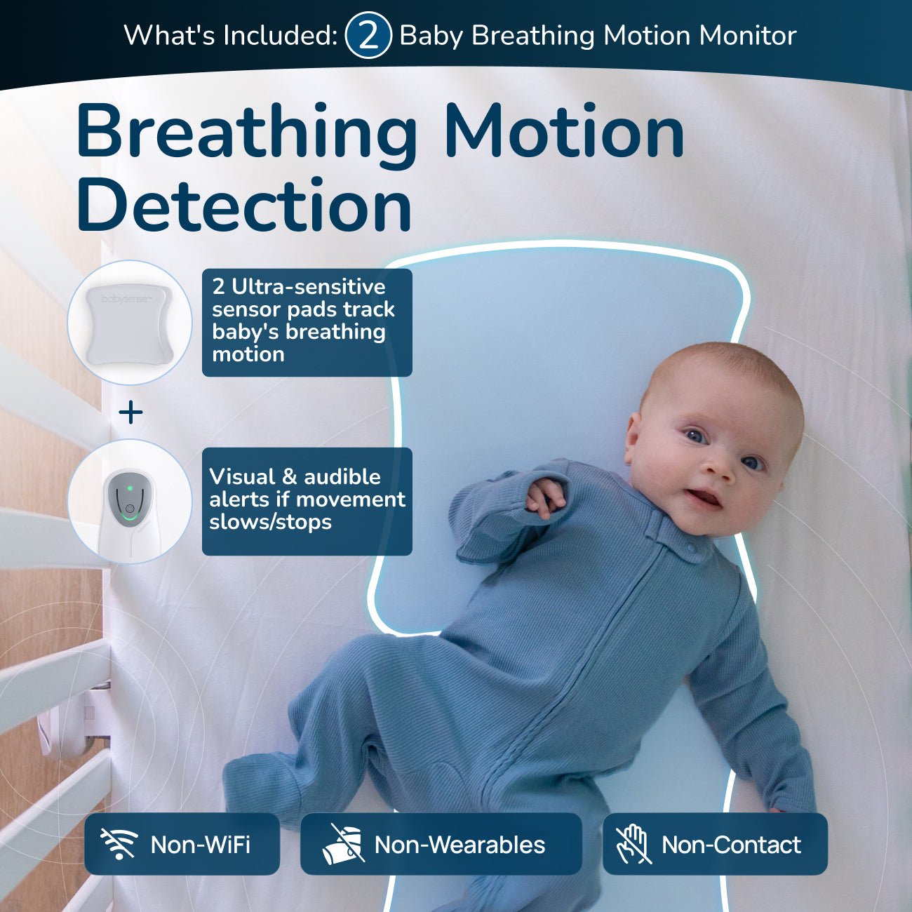 A baby sleeps in a crib with a Babysense breathing motion monitor featuring two sensor pads below the mattress and a visual and audible alert unit, offering an hd baby monitor solution