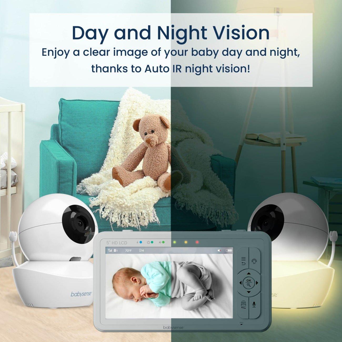 Blemil Baby Monitor,5 Large Split-Screen Video Baby Monitor with 2 Cameras  and Audio, Remote Pan/Tilt/Zoom, Two-Way Talk, Room Temperature Monitor