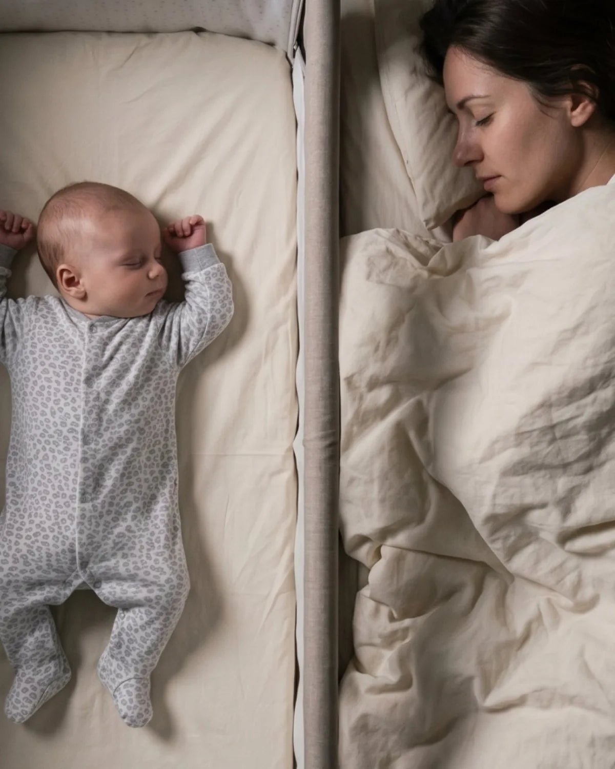 Baby and mother asleep side by side, seen from above
